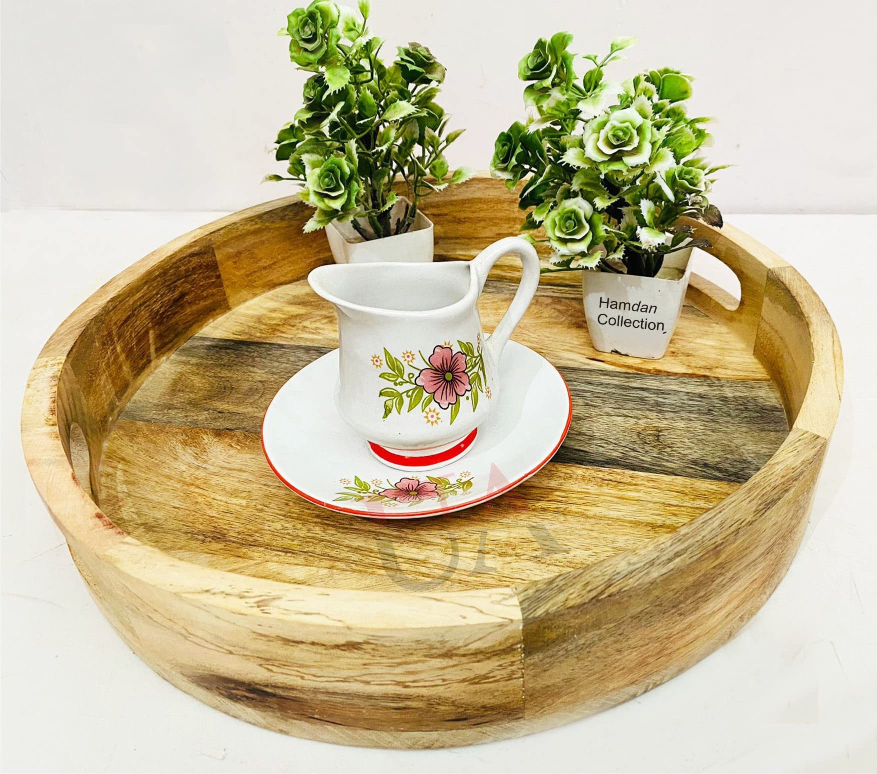 Hamdan Collection Solid Wood Round Tray Handles, Tea & Coffee Table Decorative Serving Tray Food Storage Platters for Serving Beverages & Food For Living Room Home Dining Table(Natural Finish) 3