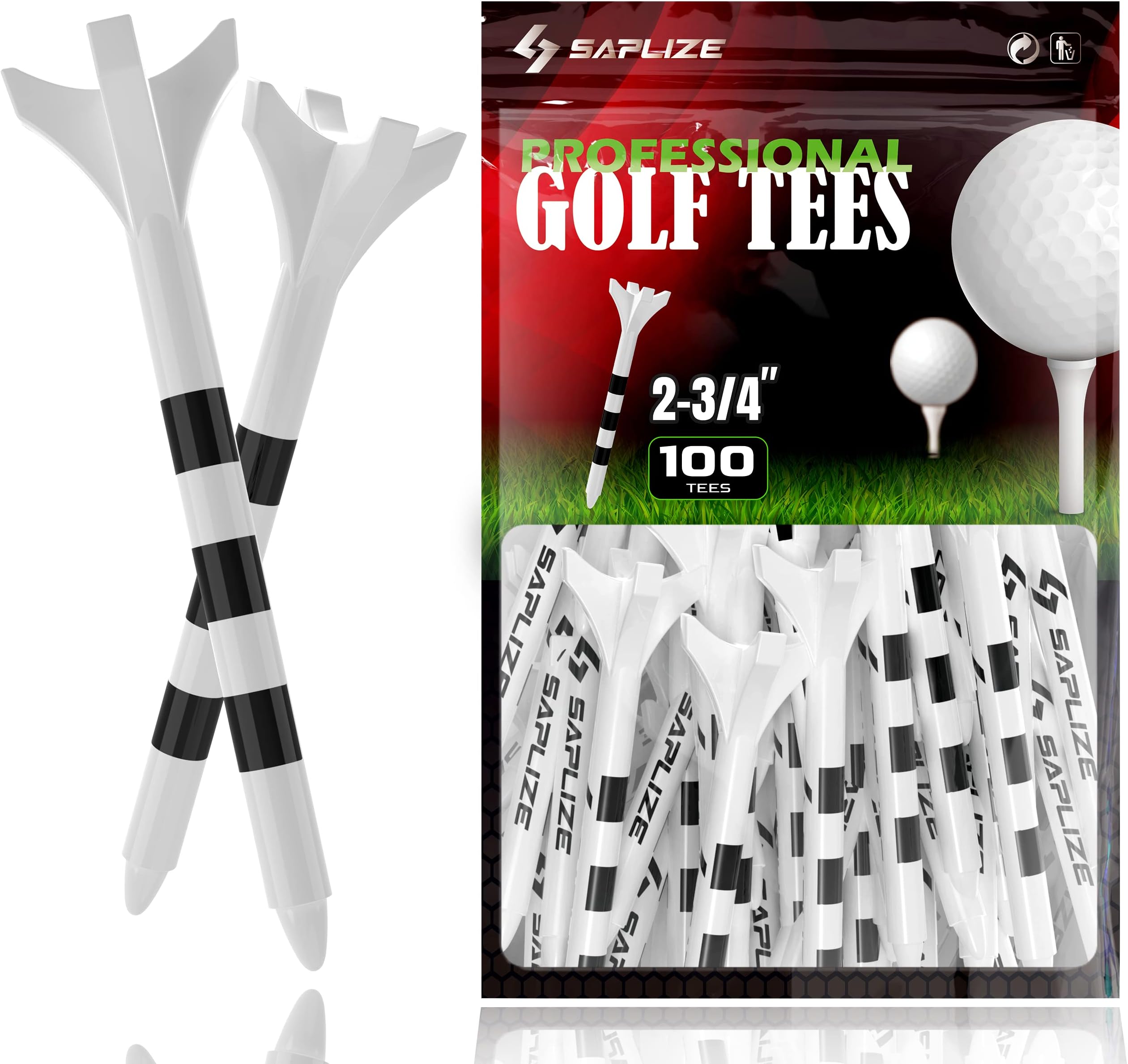 SAPLIZEDurable Plastic Golf Tees Pack of 50/100 (3-1/4"& 2-3/4"& 1-1/2" Available) Reduces Friction & Side Spin 4 Prongs Plastic Tees