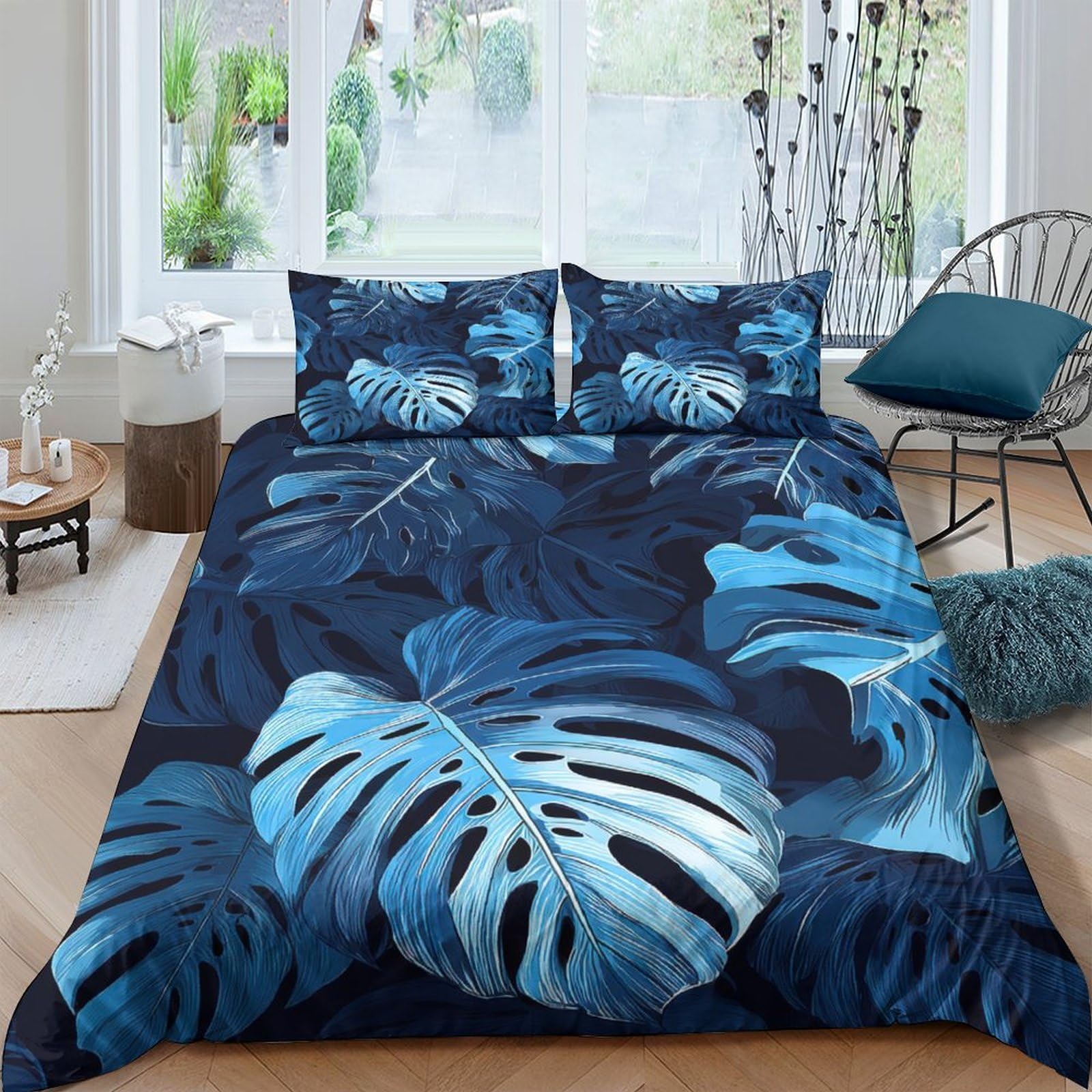 Ctjqhvkz Style-10 3D Printed Blue Monstera Fitted Sheet Microfiber Tropical Leaf Bed Cover For Bedroom Dorm Mattress Decor Easy Care Single（135X200cm）