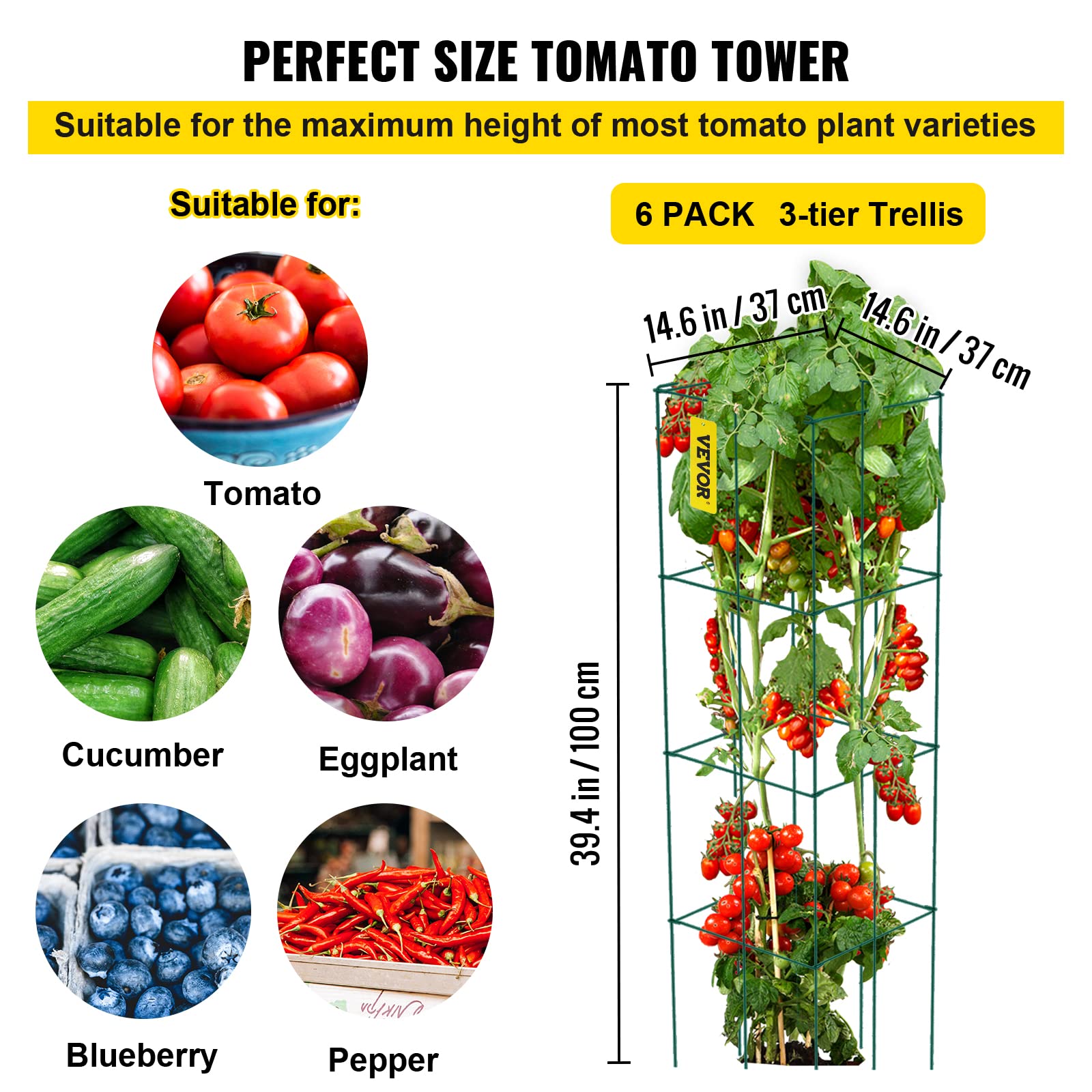 VEVOR Cages à tomates 37x37x100 cm support pour plantes de jardin 6PCS, cages carrées pour plantes robustes, tours à tomates en acier enduit de PVC vert pour légumes grimpants, plantes, fleurs, fruits