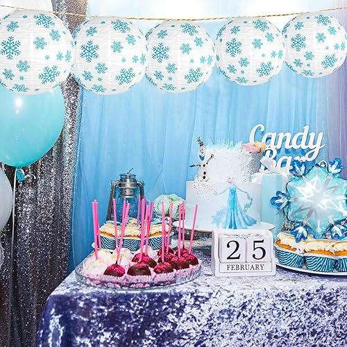 Miniatura 6 de Juego de faroles decorativos de papel de copo de nieve azul y blanco, 5 faroles de papel colgantes redondos para fiesta de cumpleaños de congelados,