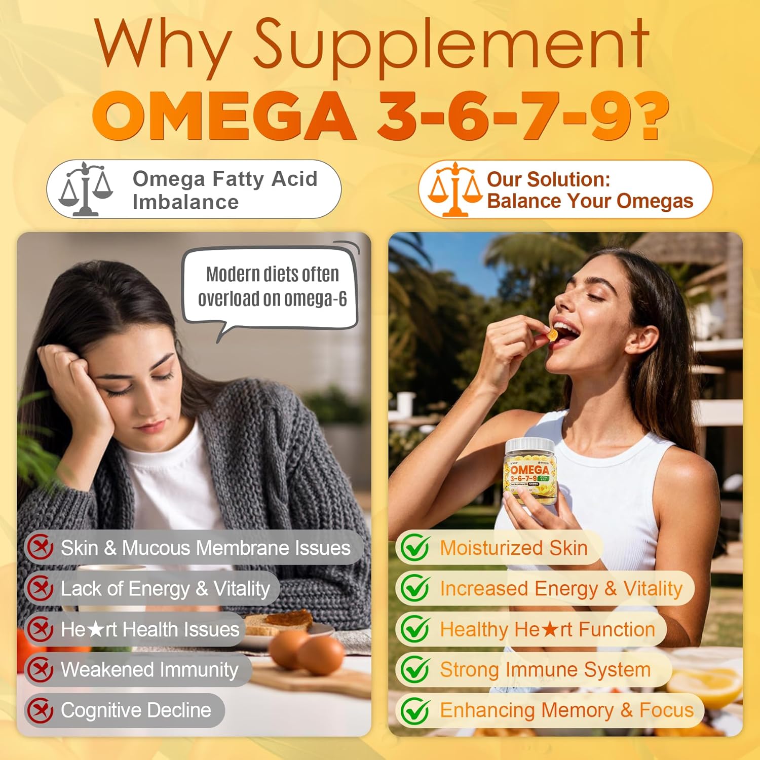 Omega 3-6-7-9 Gummies, Organic Sea Buckthorn Oil 1200MG & Flaxseed Oil 500MG, Vegan Omega 7 Supplement w/Vitamin A, C, E, Fatty Acids, No Fish Taste, Supports Skin, Eye, Immune, Brain Health, 60 Cts - Image 6