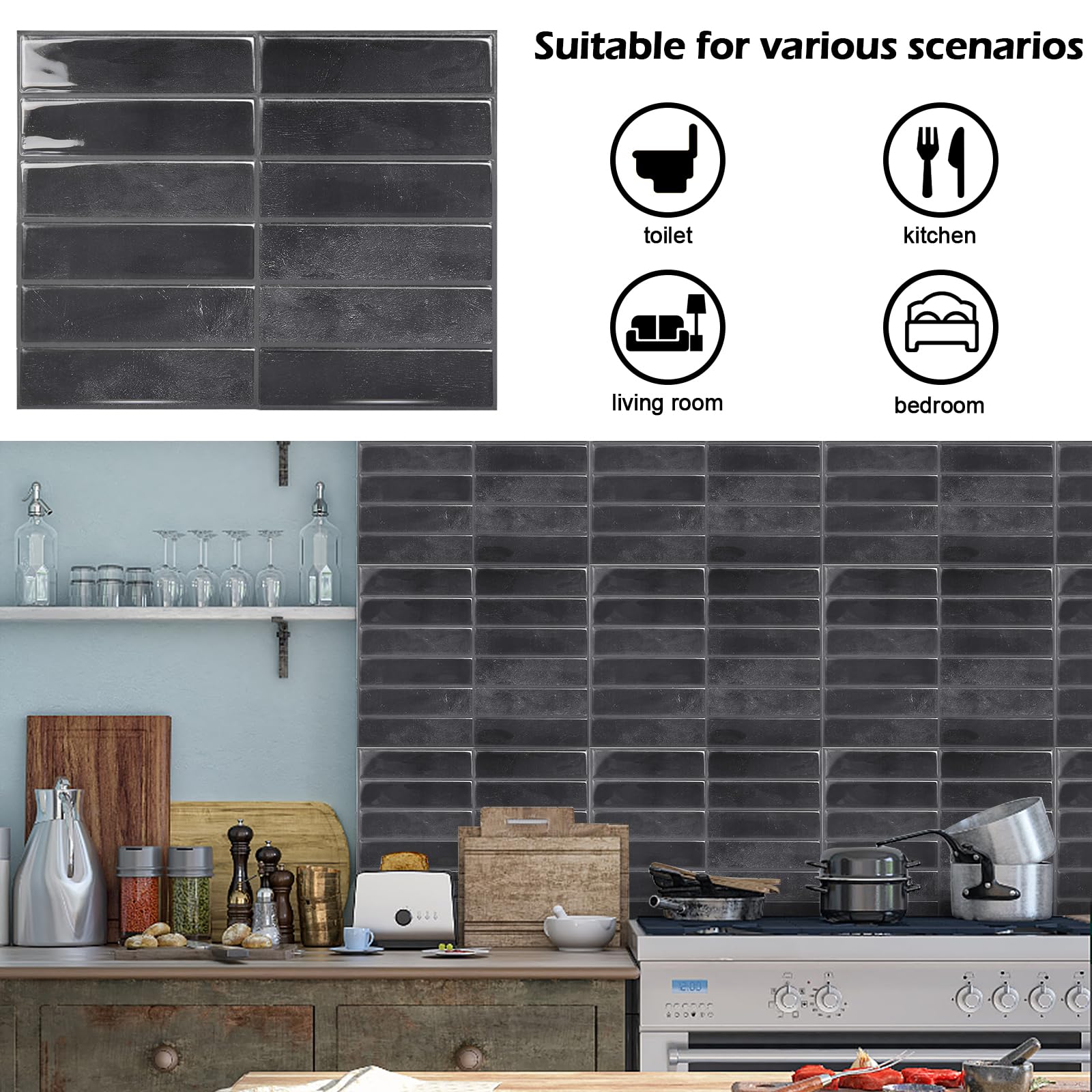 Pegatinas para azulejos, 10 unidades, 29 x 23 cm, autoadhesivas, resistentes al agua, para cocina, baño, decoración de pared (negro)