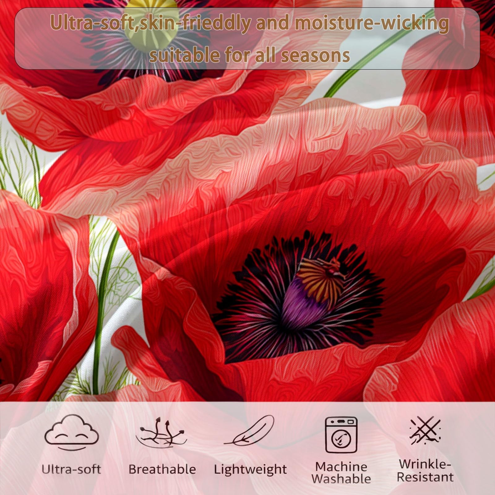 135 x 200 cm Bettdecke 4-Jahreszeiten Steppdecke 3-teilige Bettwäsche, Gelb Traditionell Blumen Mohn Weiche Microfaser Steppdecke Winter & Sommerdecke für Erwachsene, Kinder & Allergiker