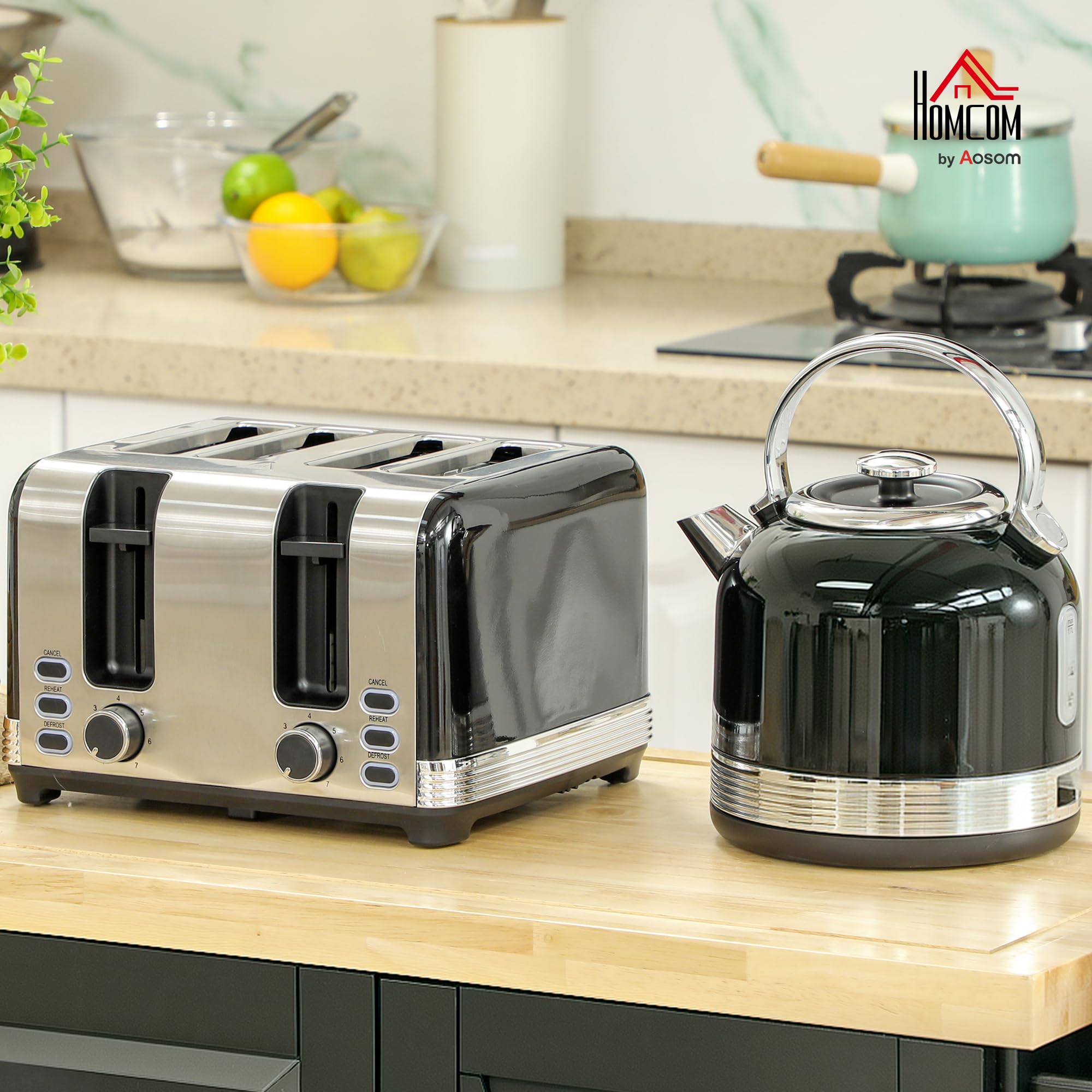 Homcom Ensemble grille-pain en acier inoxydable 2200 W 1,7 l Bouilloire, grille-pain à 4 tranches, 7 niveaux d'or, réchauffement et décongélation, ensemble de petit-déjeuner avec filtre de sortie de