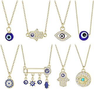 Kakonia 8 Stück Türkisches Auge Halsketten Blaues Evil Eye Anhänger Hamsa Schutz Stretch Amulett Kabbalah Schmuck Geschenk...
