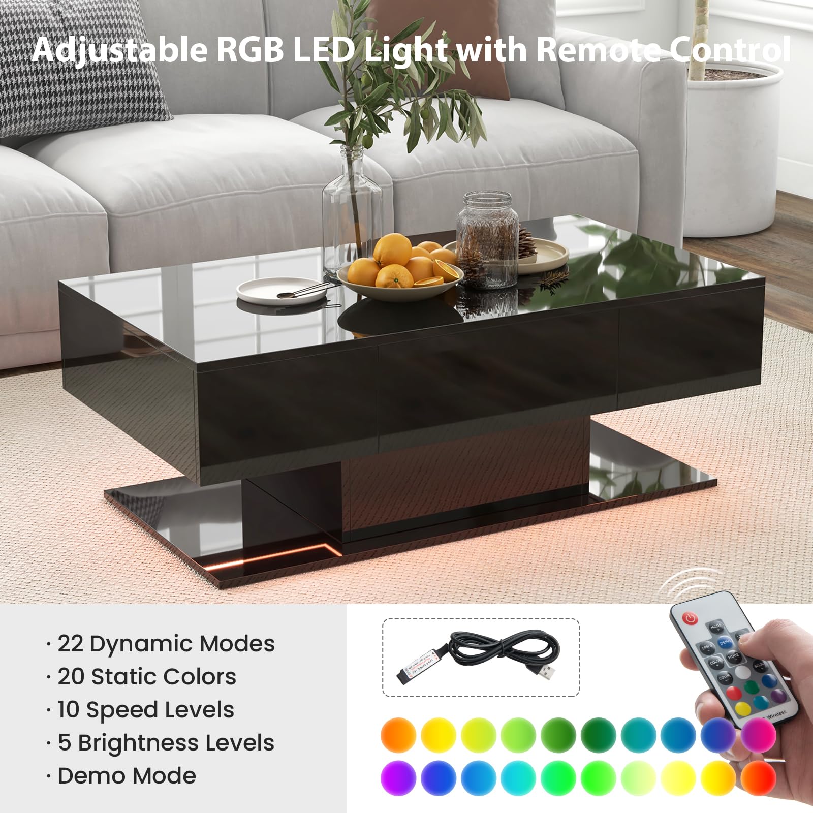 LIFEZEAL Tavolo Basso con Illuminazione LED, Tavolo da Salotto Lucido con 20 Colori e Telecomando, Tavolo Basso Moderno con 2 Cassetti, 110x60x40 cm, per Soggiorno, Ufficio (Nero)