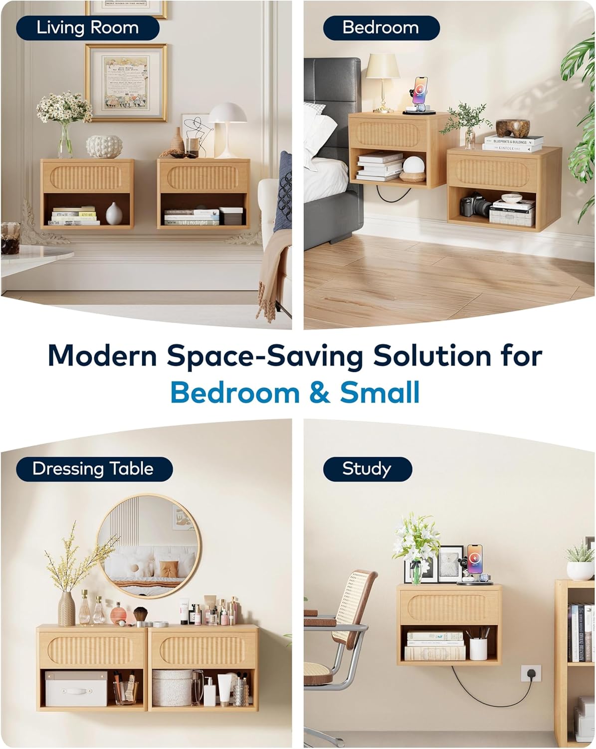 Fluted Floating Nightstand Set of 2, Wall Mounted with Drawer & Storage Shelf, Waterproof & Scratch-Resistant, Metal Glide, Compact for Small Spaces (15.8”W x 12.6”D x 11.9”H, Natural Wood)