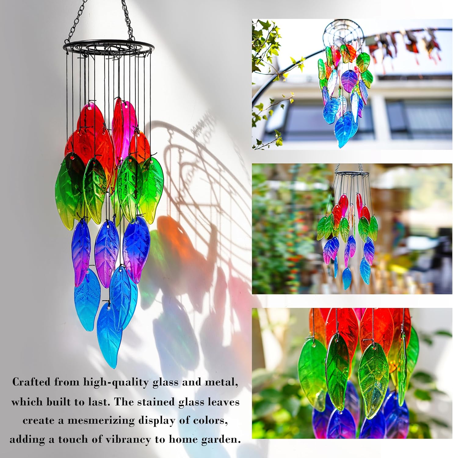 18'' Stained Glass Leaves Wind Chimes for Outside Unique Rainbow Leaves Forest Windchimes Outdoor Decoration Garden Decor - Image 3