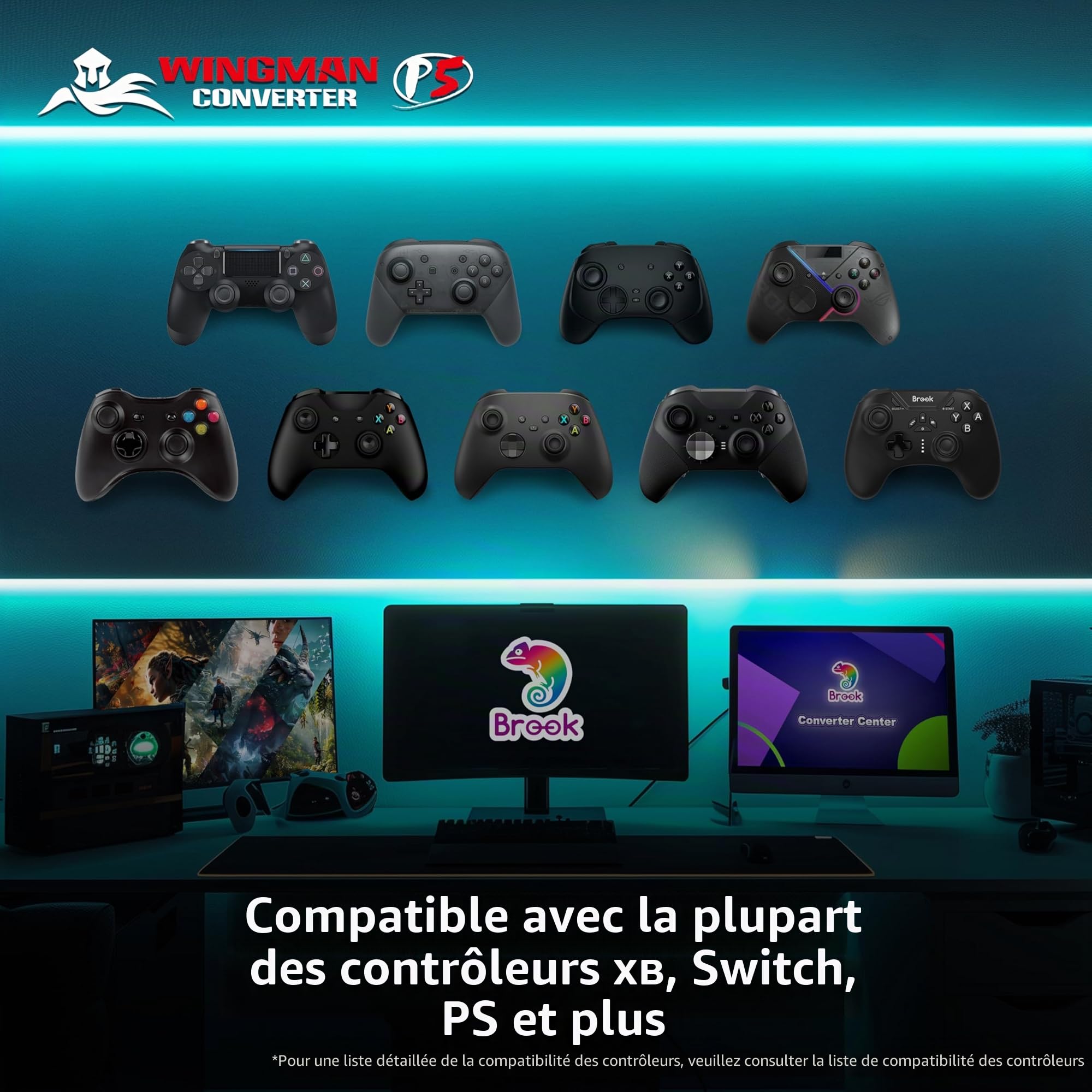 Brook Wingman P5 - Convertisseur de contrôleur PC P5 P4 avec support sans fil et filaire, vibration, mouvement six axes, turbo, macro, remap via le logiciel Converter Center (version exclusive)