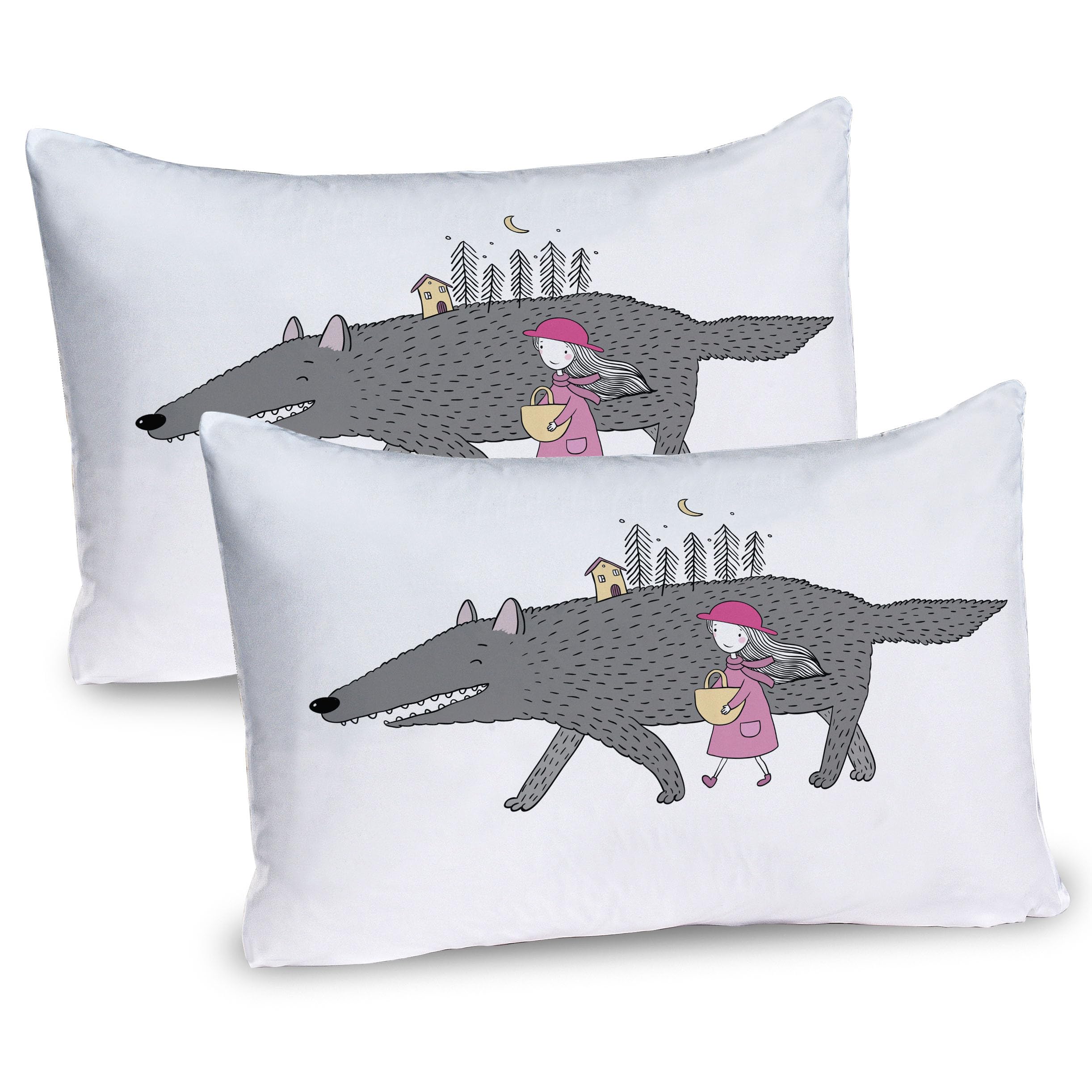 Ambesonne Fantasy Pillow Sham Set of 2, Girl in a Pink Dress Walking with a Giant Wolf Fir Forest and a Small House, Quality Microfiber Bedding Item for All Seasons, 30