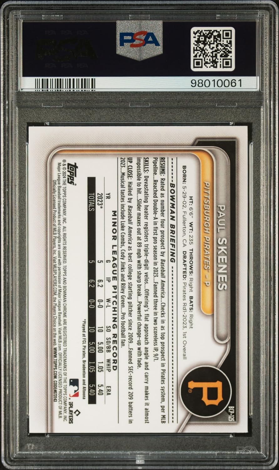 Paul Skenes 2024 Bowman Chrome Prospects Baseball Rookie Card #BCP125 Graded PSA 10