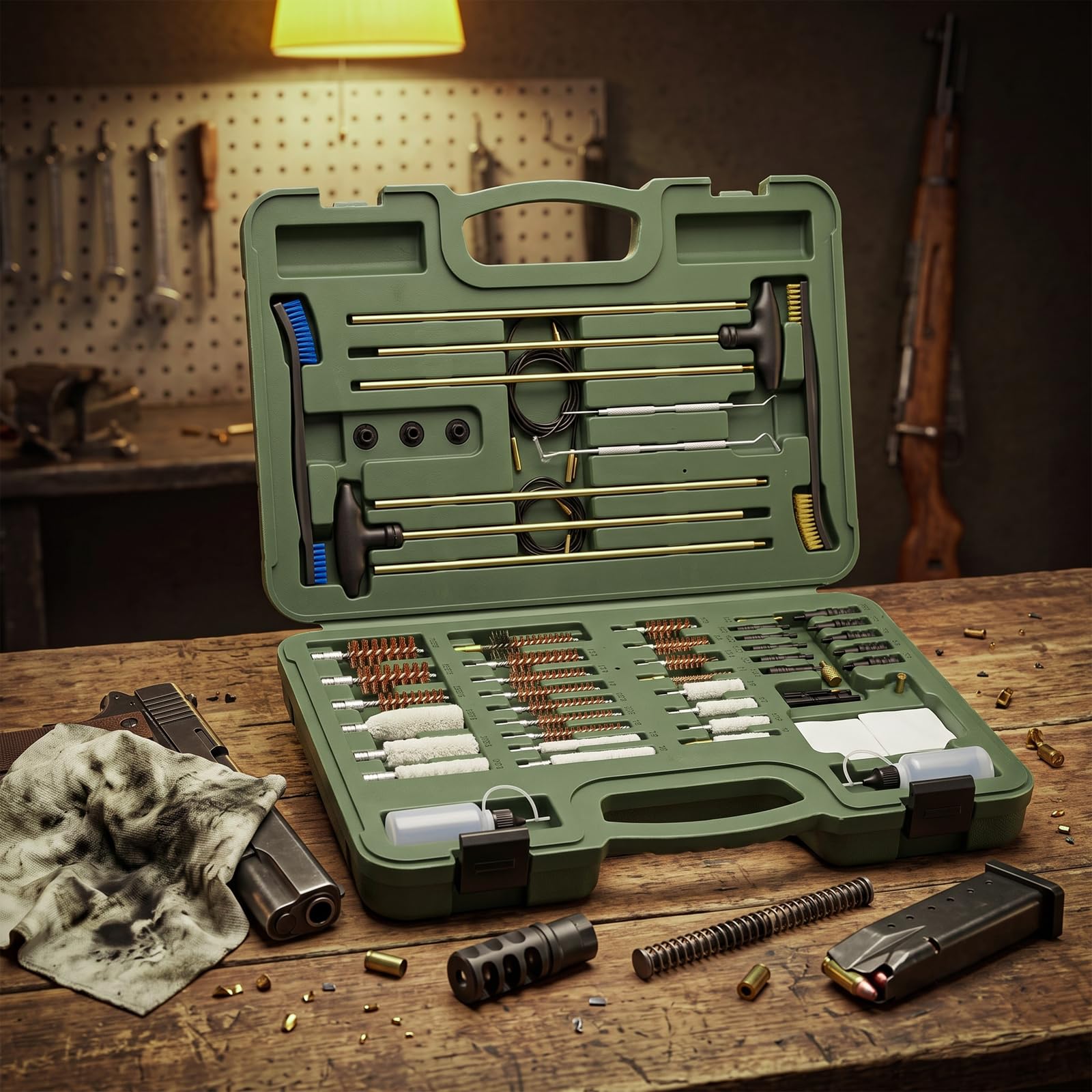 BOOSTEADY Kit de Nettoyage pour Fusil de Chasse, Kit Nettoyage Pistolet 12.20.30.243.280.40.45.357/9mm/.380, Brosses à Alésage en Laiton Multi-Calibres