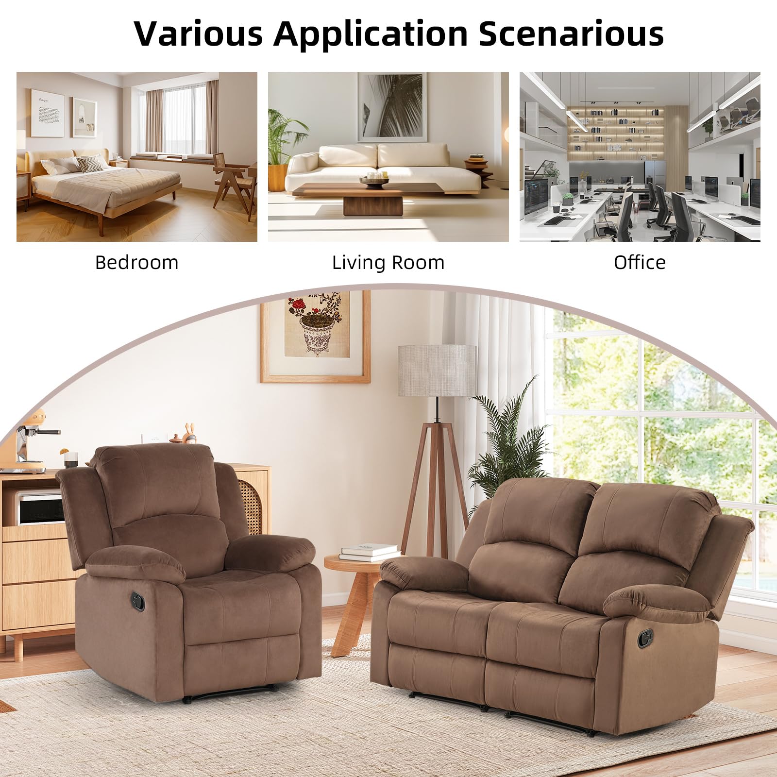 EBELLO Manual Reclining Couch Set for Living Room, Include 1 Recliner Chair, 1 Loveseat Sofa, Recliner Sofa Furniture Set for Home and Office, Brown view 7