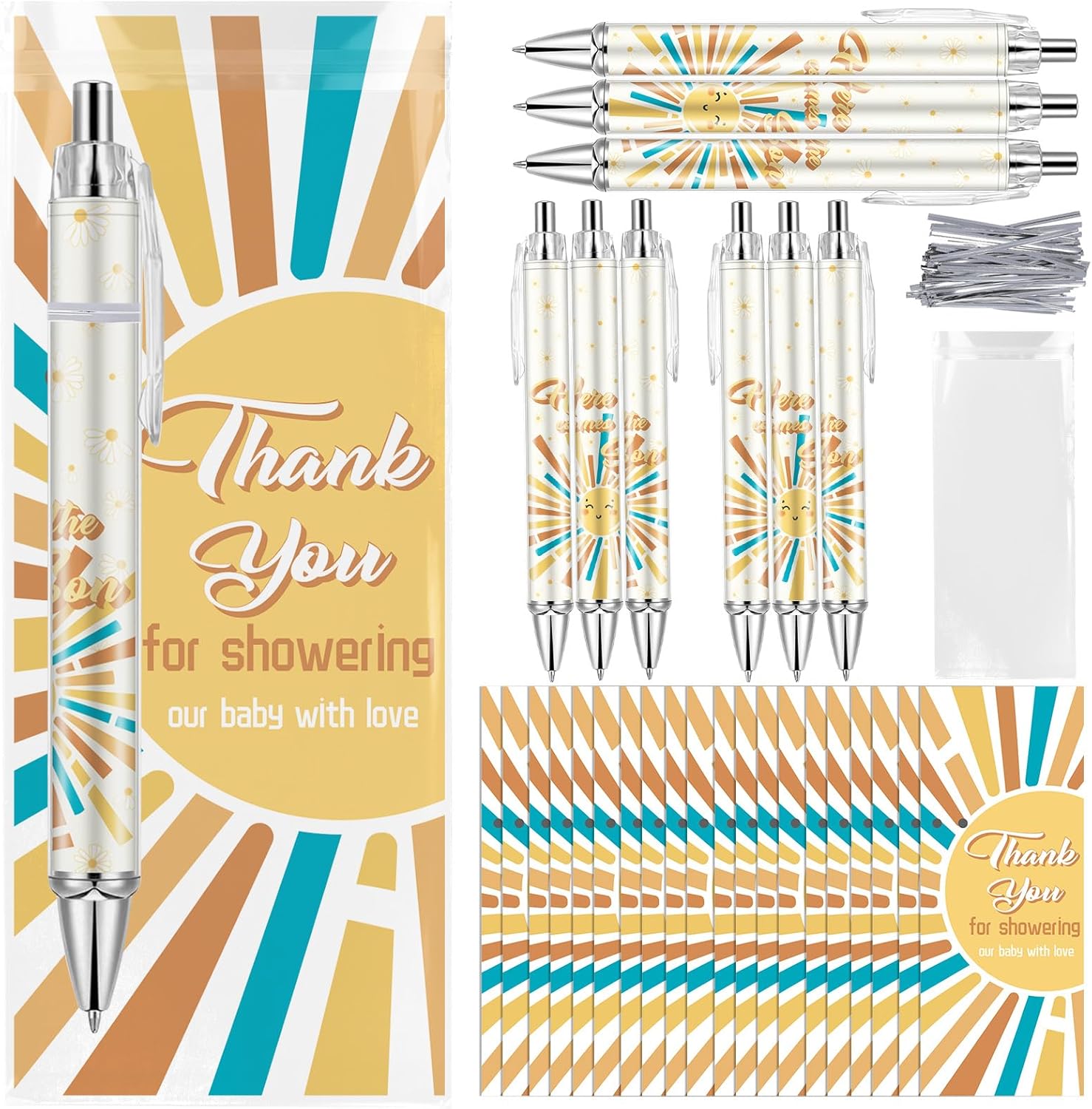 50 Sets Pen Baby Shower Favors Gifts for Guests Includes 50 Rolling Paper Ballpoint Pens and 50 Greeting Thank You Bookmarks Baby Shower Party Favors (Safari)