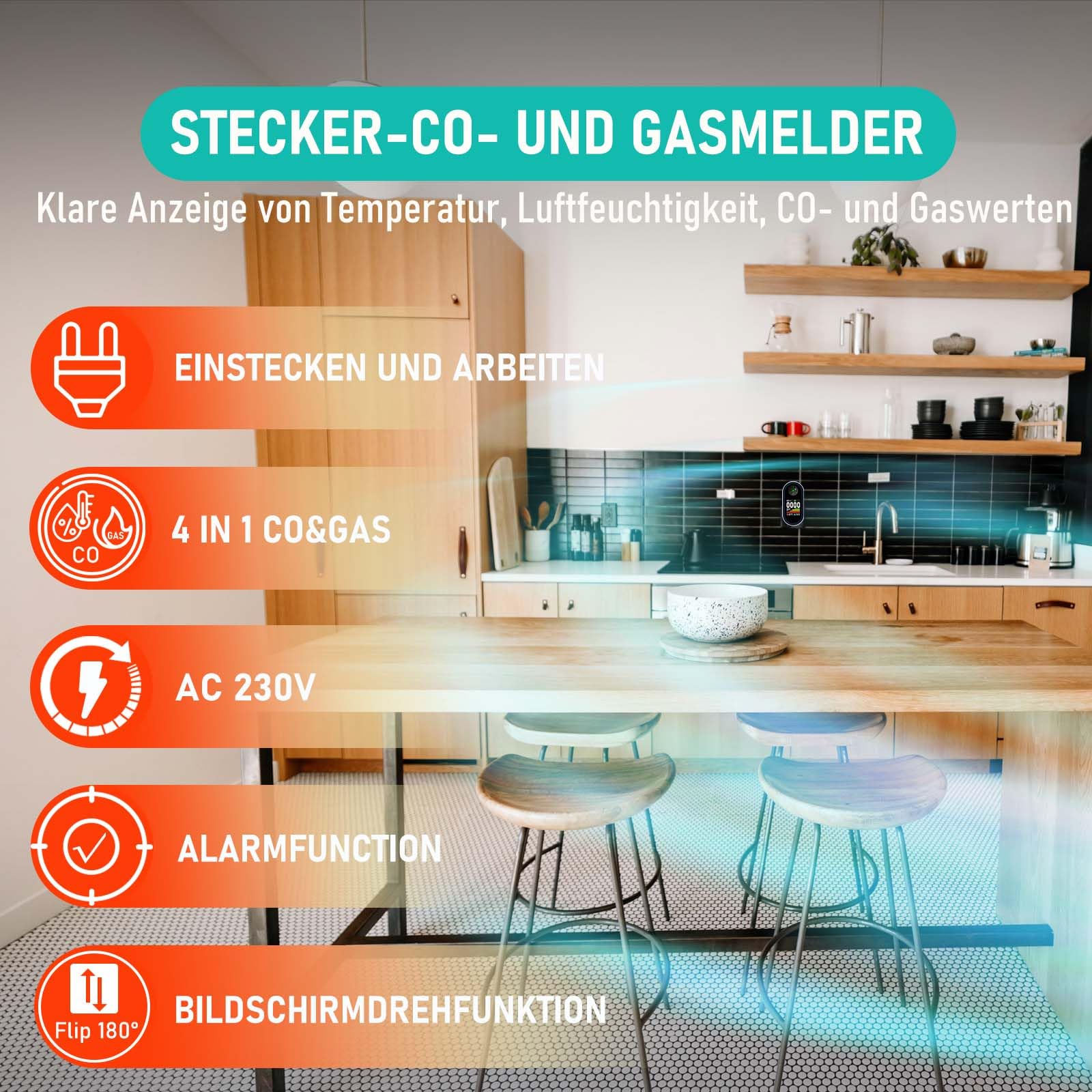 LSENLTY Kohlenmonoxid- und Gasmelder mit Stecker, 4-in-1 CO-Melder mit Temperatur- & Luftfeuchtigkeitssensor, mit akustischem Alarm für Wohnmobile