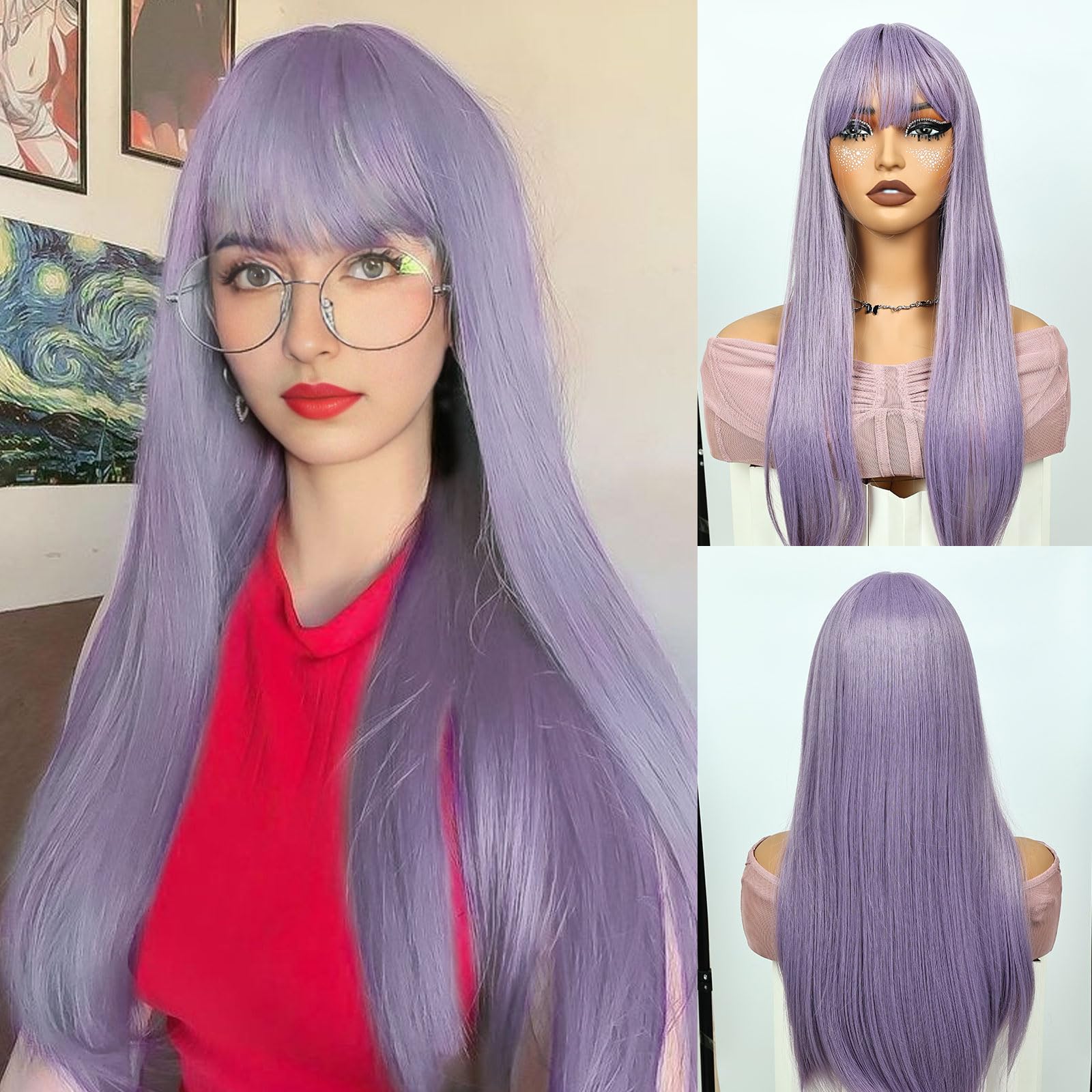 Becus Purple Wigs for Women 24 Inch Long Straight Hair Wig Synthetic Fiber Heat Resistant Straight Wig Suitable for Cosplay Party