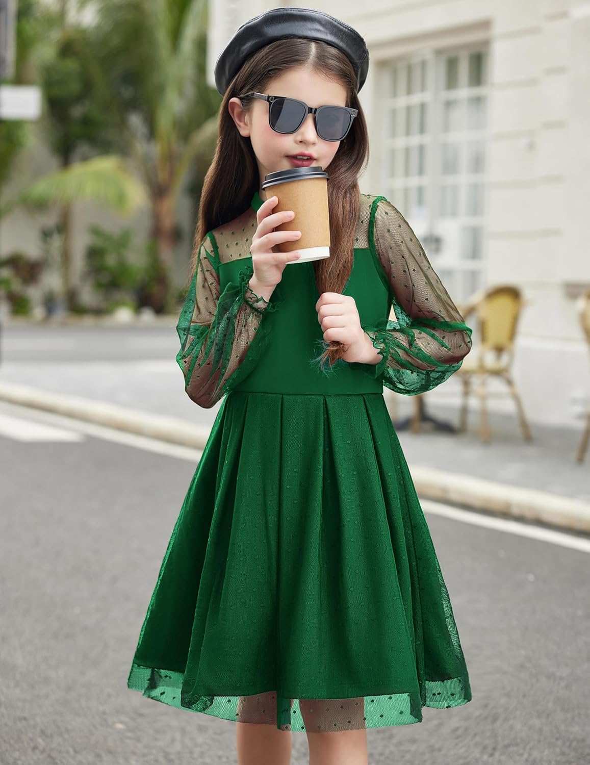 Arshiner Girls Dresses Contrast Mesh Puff Long Sleeve Mock Neck Formal Party A Line Short Tulle Dress - Image 2