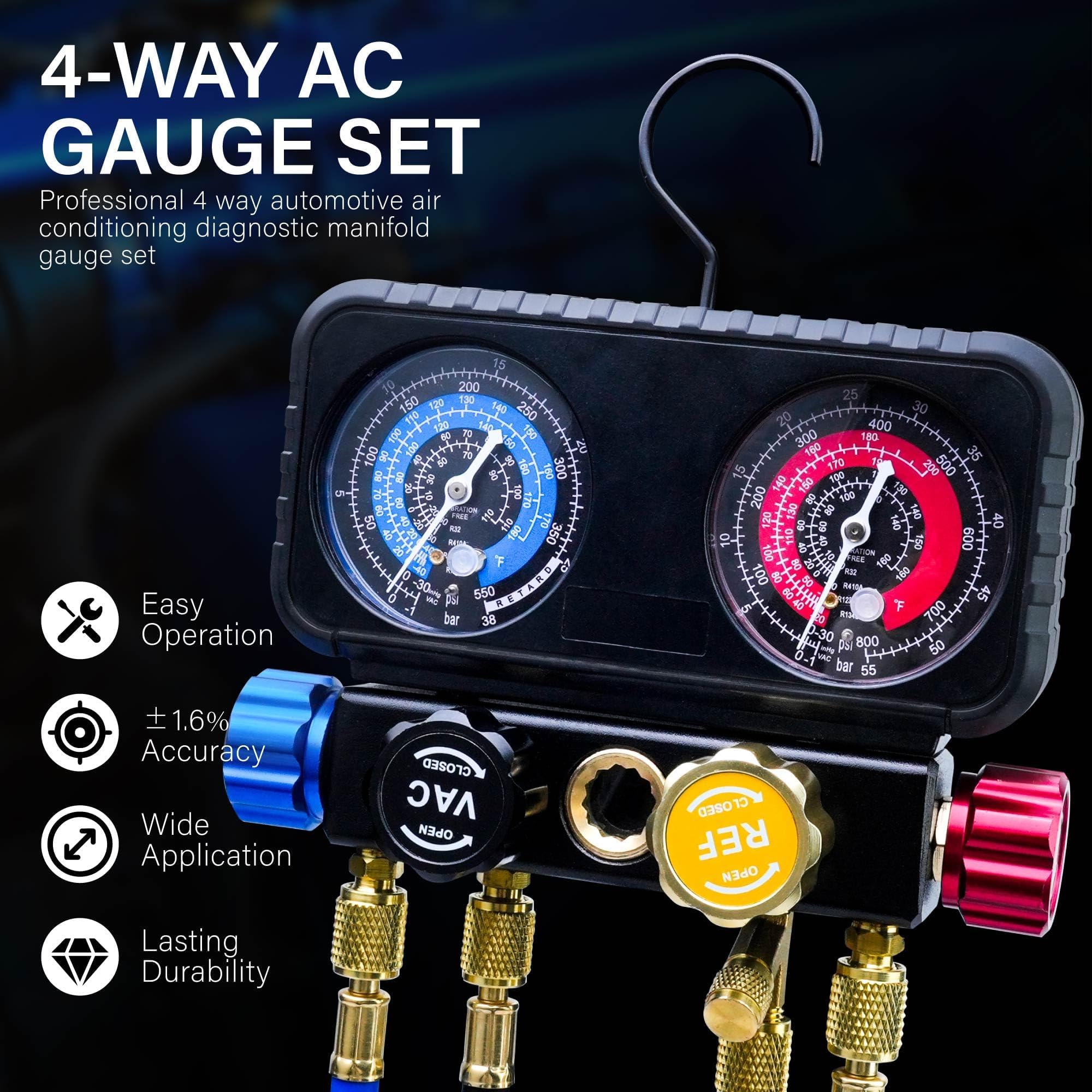 CALPOSE Juego de medidores de aire acondicionado R1234yf, juego de manómetros de aire acondicionado de 4 vías para refrigerante R1234yf R134a R404a, juego de manómetros de 4 válvulas con mangueras de