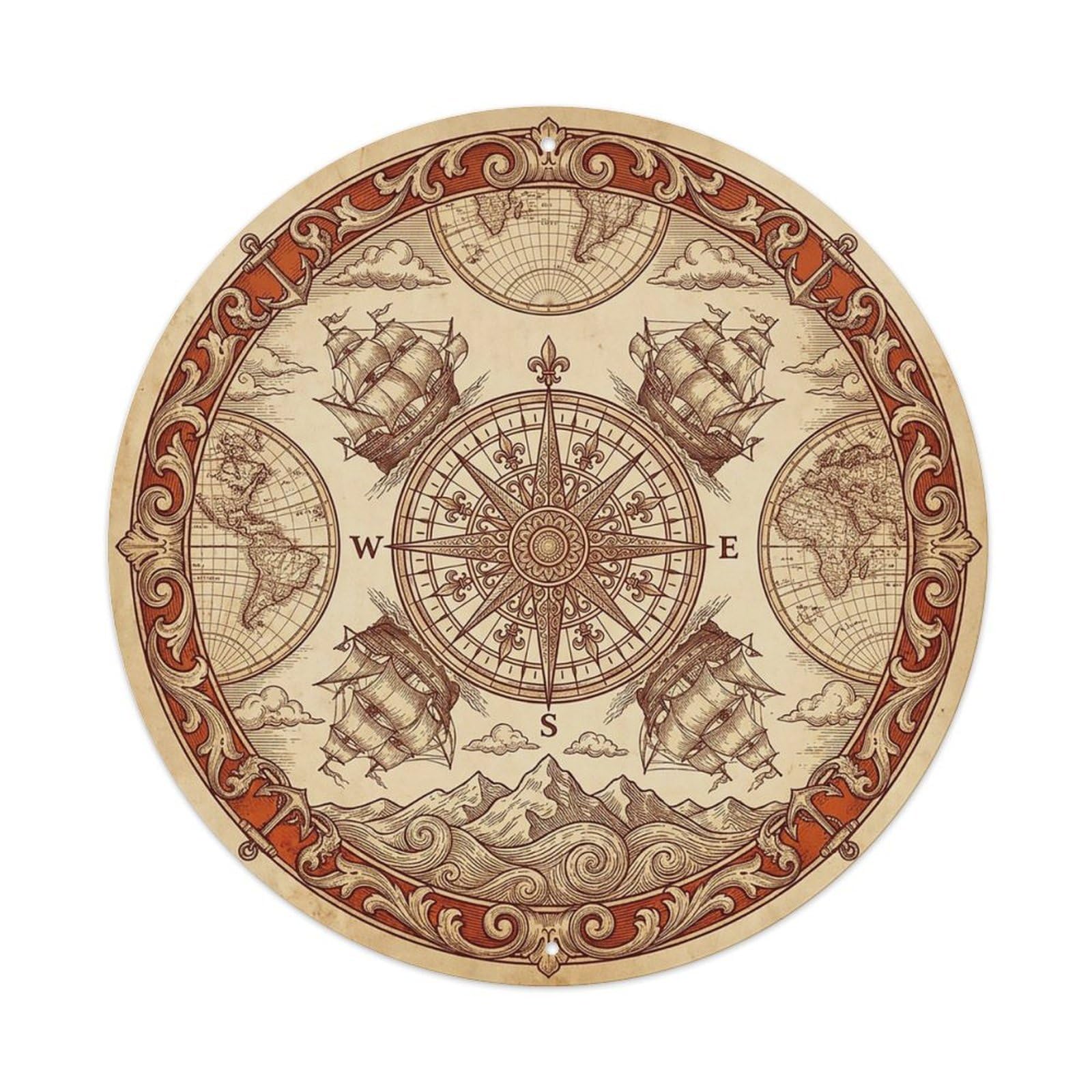 Vintage Nautical Compass World Map Navigating Guide Metal Tin Sign