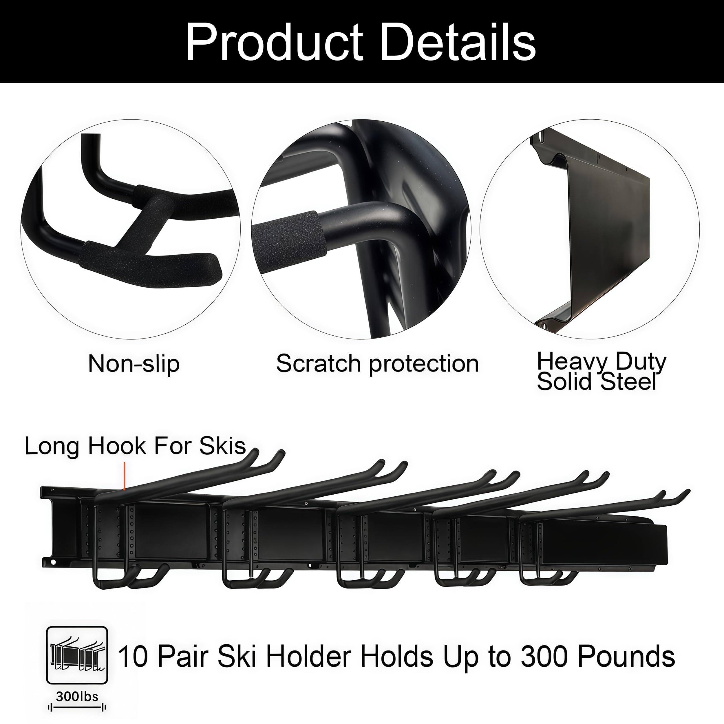 Estante de almacenamiento de pared para esquís, soporte de esquí, capacidad para 10 pares, soporte de pared para monopatín, soporte de esquís de acero para el hogar y el garaje