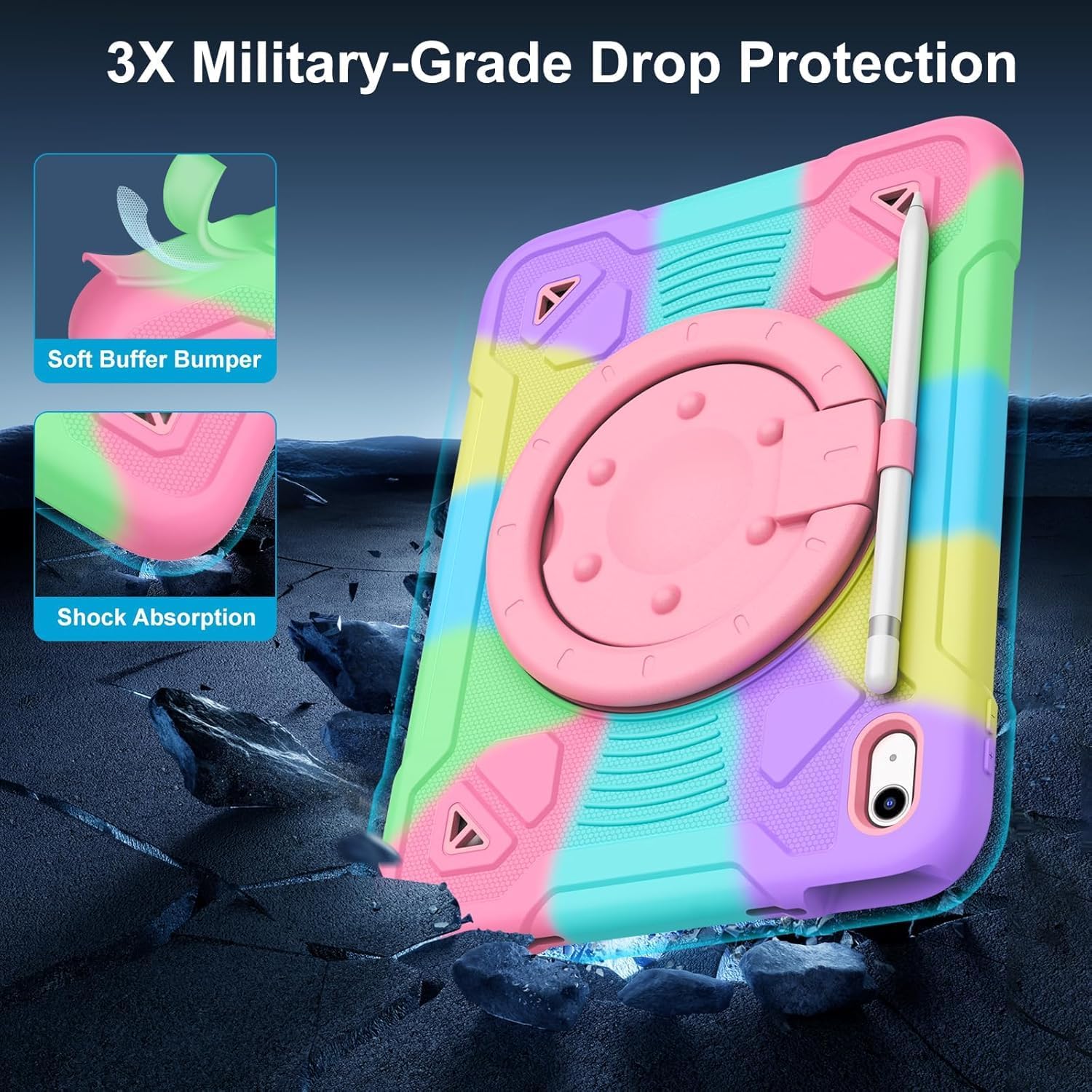 for iPad (A16) 11th Generation 11 Inch (2025) / iPad 10th Gen 10.9 Inch (2022) Cute Kids Case, 360 Rotating Handle Stand Strap Case Heavy Duty Shockproof Soft Silicone Girly Cover, Purple