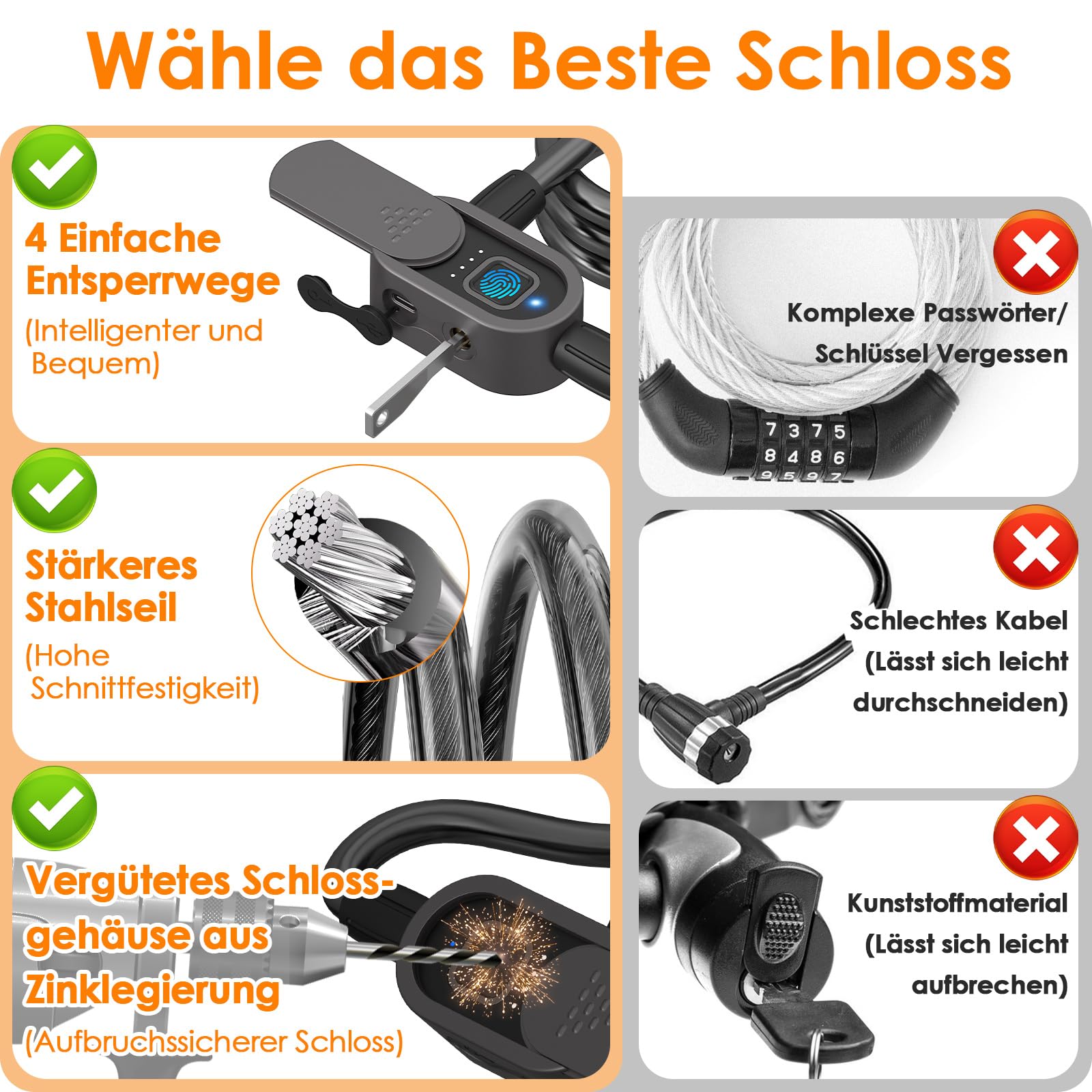 Anweller Lucchetto per bicicletta con impronte digitali con 2 chiavi, lucchetti per cavi, alta sicurezza, anti-furto, con supporto, impermeabile, 12 mm x 150 cm