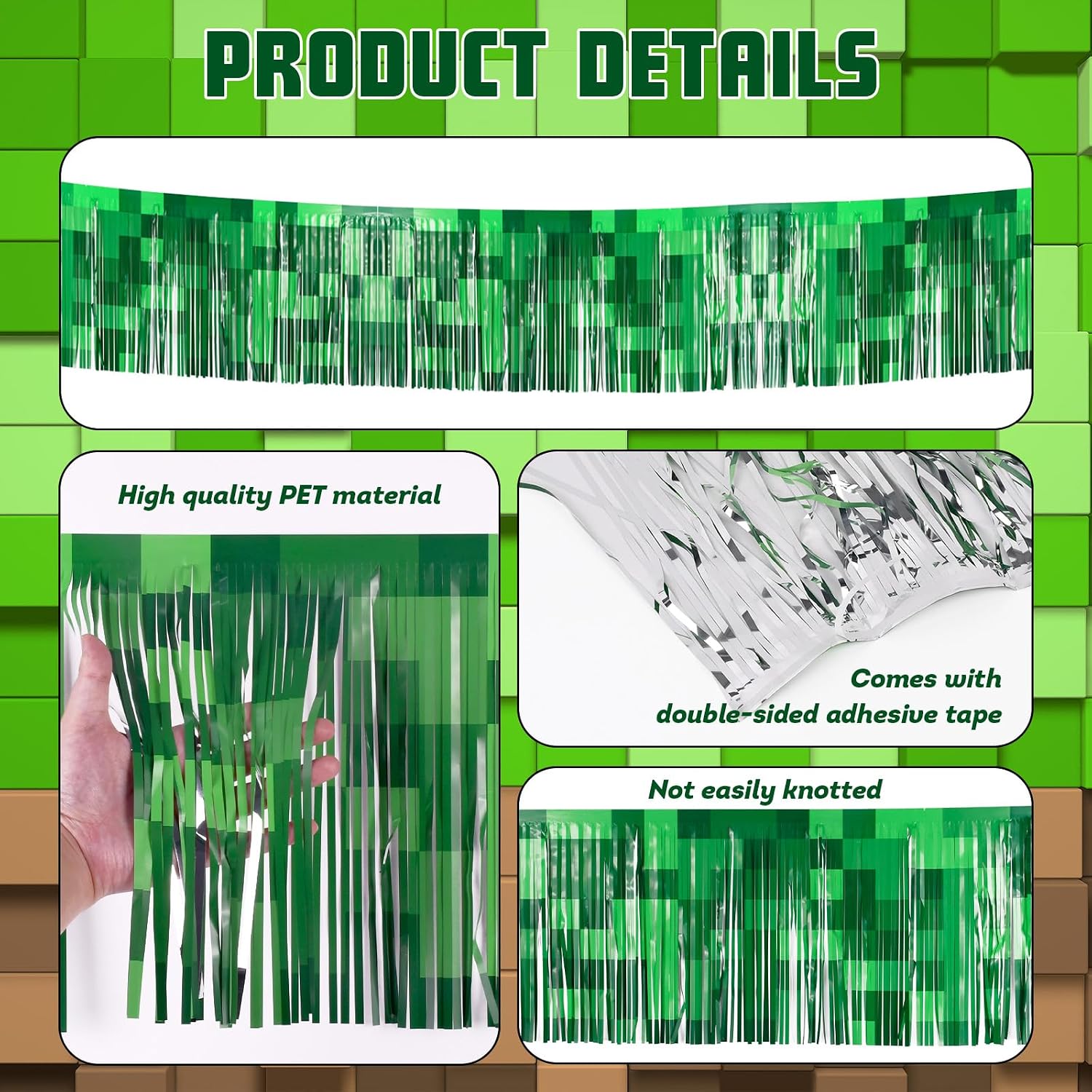 Green Pixel Float Decorations Foil Fringe Garland 2 Pack 10 Ft, Metallic Tinsel Streamers for Trailer Car, Pixel Gamer Theme Birthday Party Backdrop
