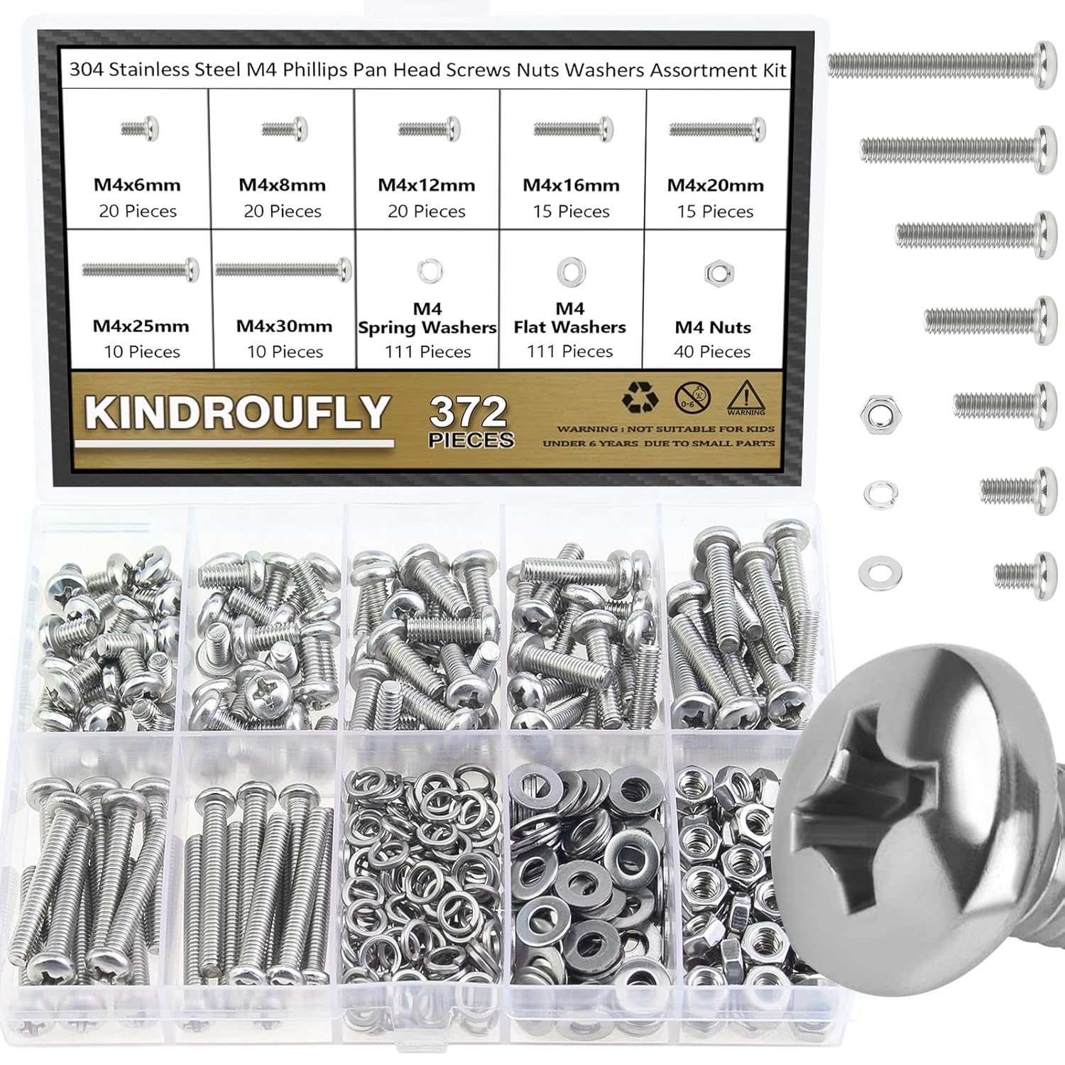 372 Pieces M4 x 6/8 /12/16 /20/25 /30mm Phillips Pan Head Machine Screws Nuts Washers Assortment Kit, 304 Stainless Steel, Fully Machine Thread