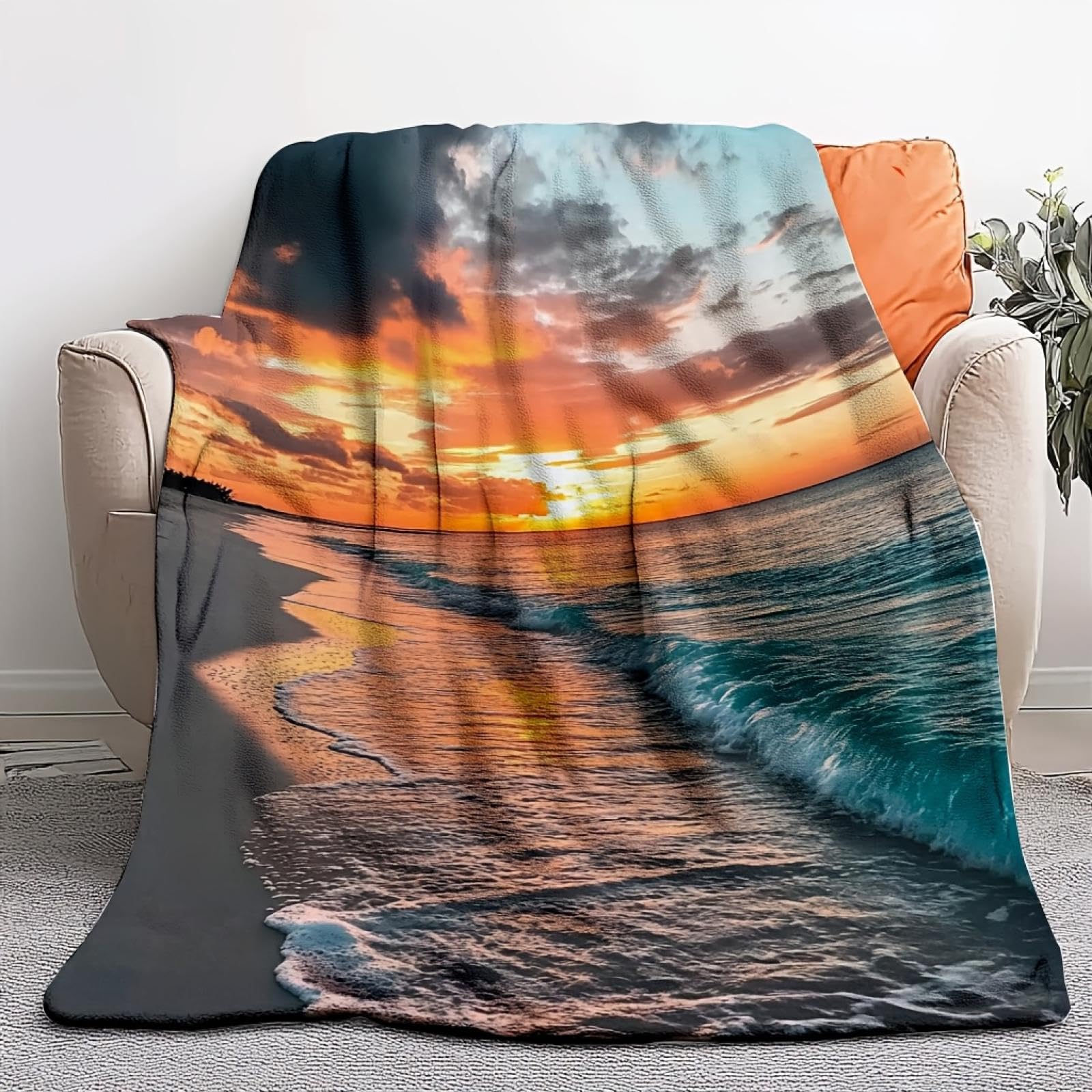 Couverture en flanelle polyester douce 180x200cm imprimé plage pour décoration intérieur
