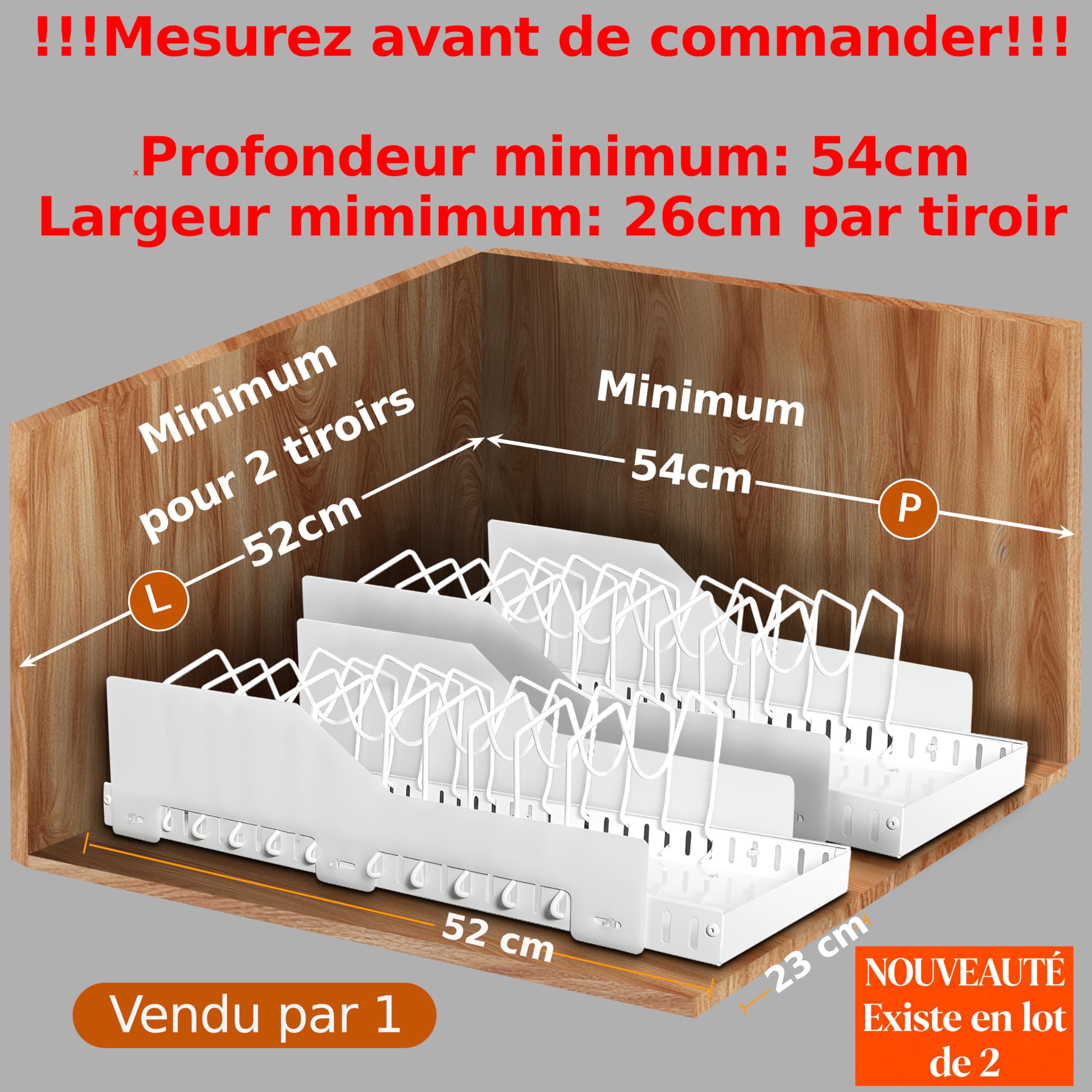 LOT DE 2 Tiroirs coulissants cuisine adhesif - Profondeur XL 52cm - Spécial caisson 60cm -100% Gain de place - Antichute - Range couvercle poele - Sans perçage