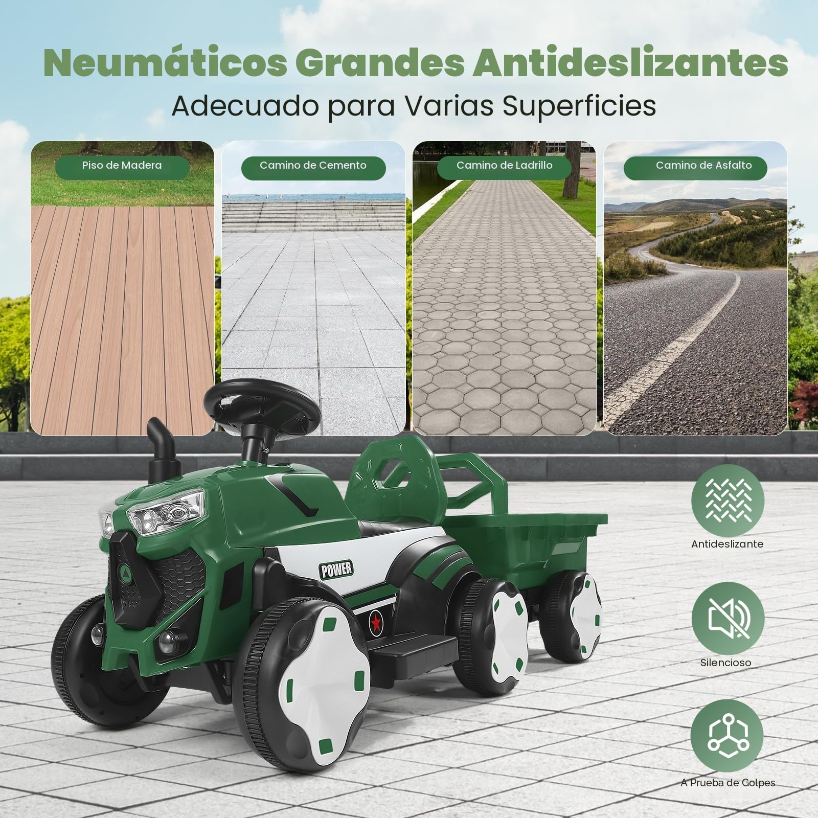 Tractor eléctrico con Remolque, Tractor Infantil con Control Remoto, Luces LED, música, Funciones USB, Capacidad de Carga: 50 kg, para niños a Partir de 1-3 años (Verde Tractor)