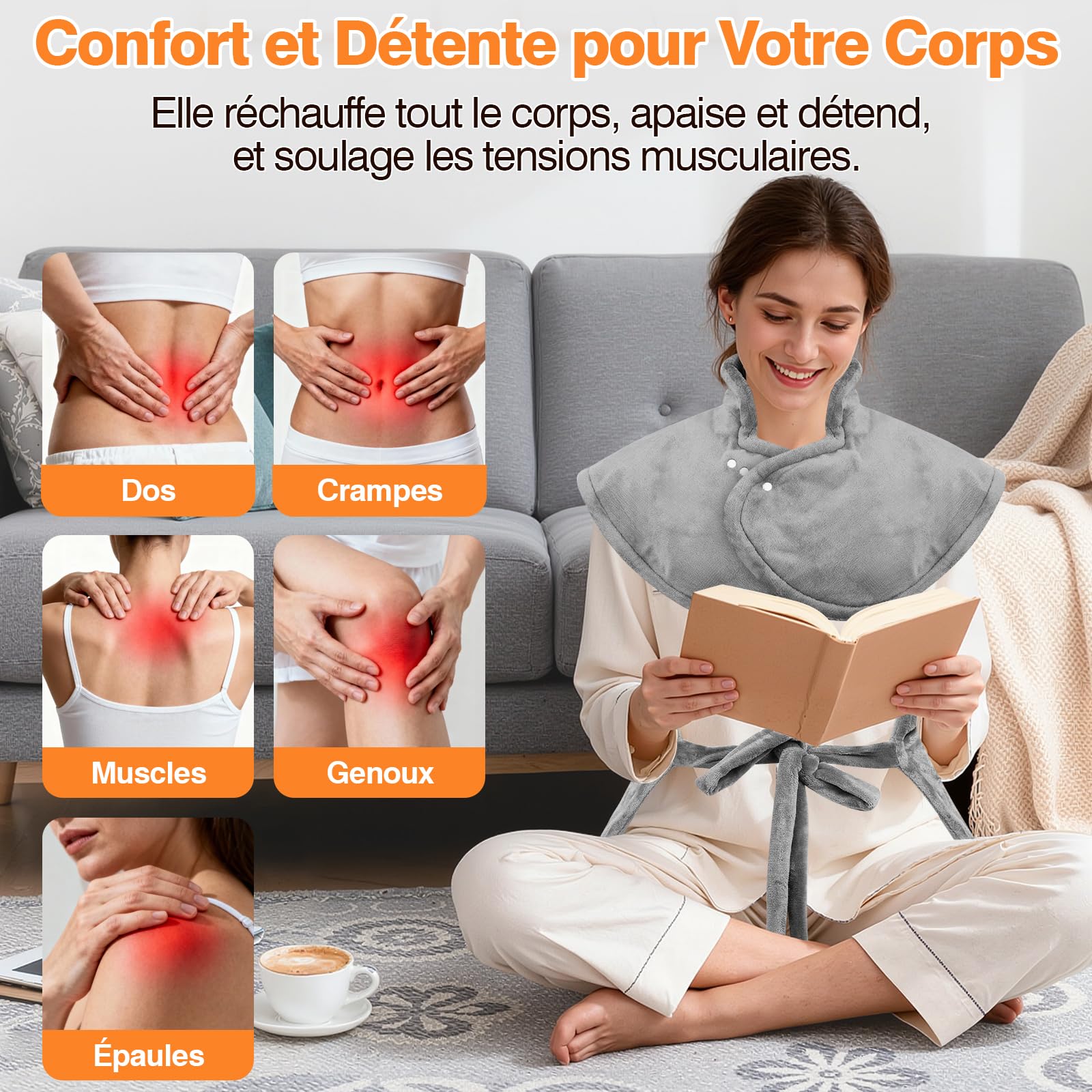 Coussin Chauffant dos Electrique Epaule et Nuque 60×100cm, 9 Niveaux de Chaleur, 4 RéGlages de Minuterie d'arrêt Automatique, Chauffage Rapide, Chauffe-dos, Flanelle, Lavable en Machine