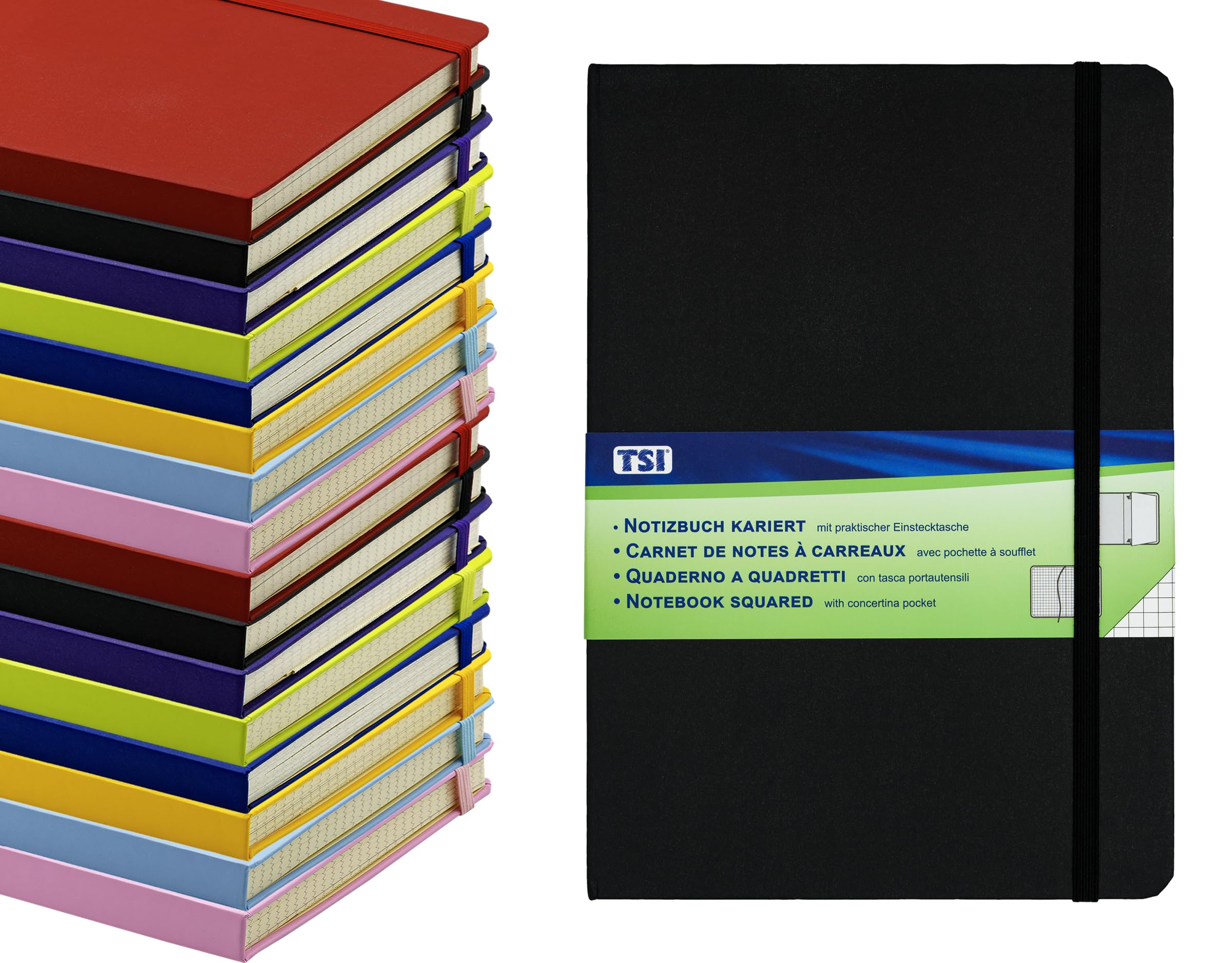 TSI 63555-BK Notebook A5 Squared 192 Pages with Inner Pocket Bookmark Elastic Closure Black