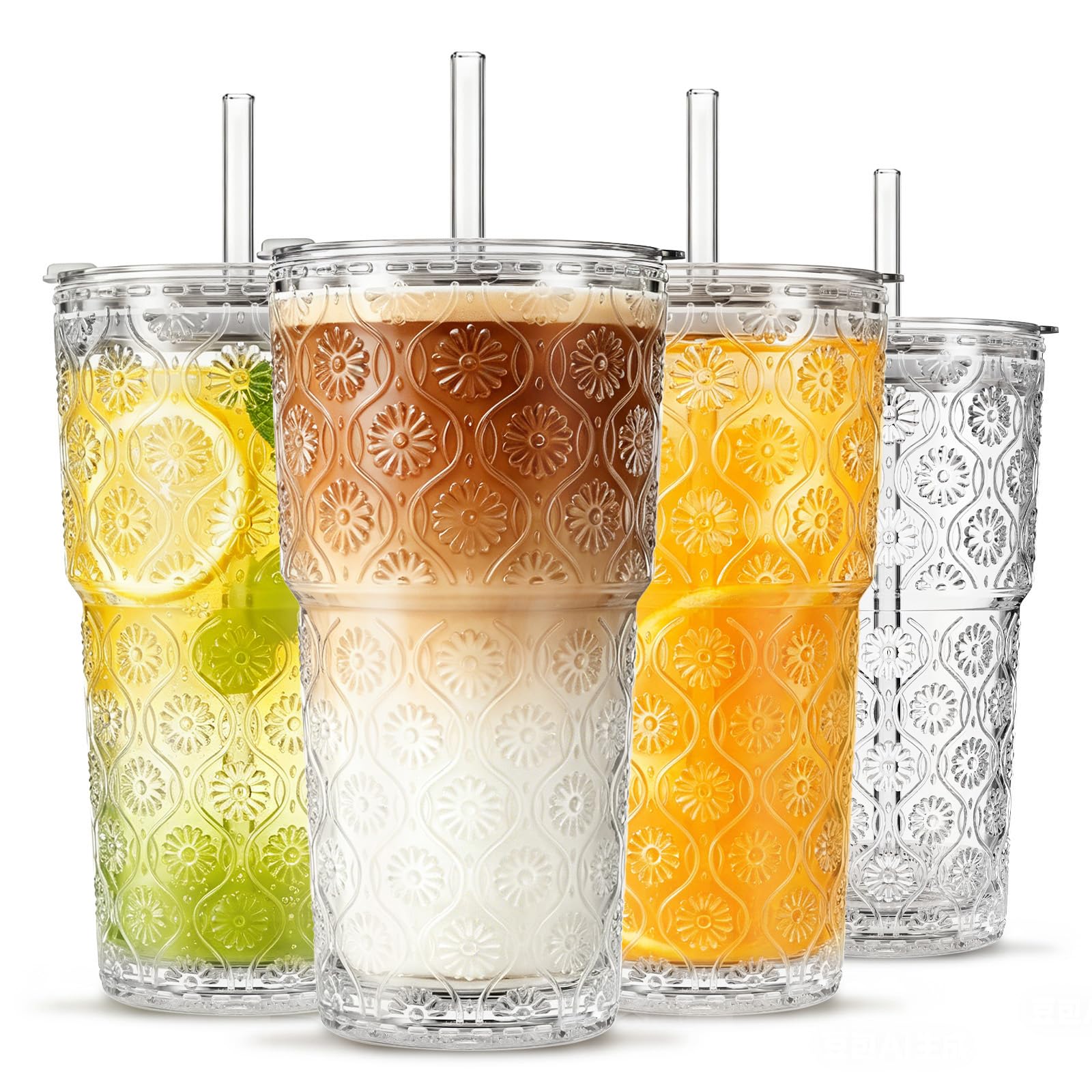INSETLAN 600ML Begonia Flower Iced Coffee Cups, 4 Pack Leakproof Glass Tumblers with Lids and Straws, Vintage Glass Cups with Straw and Lid for Matcha Iced Coffee, Smoothie โ image 1