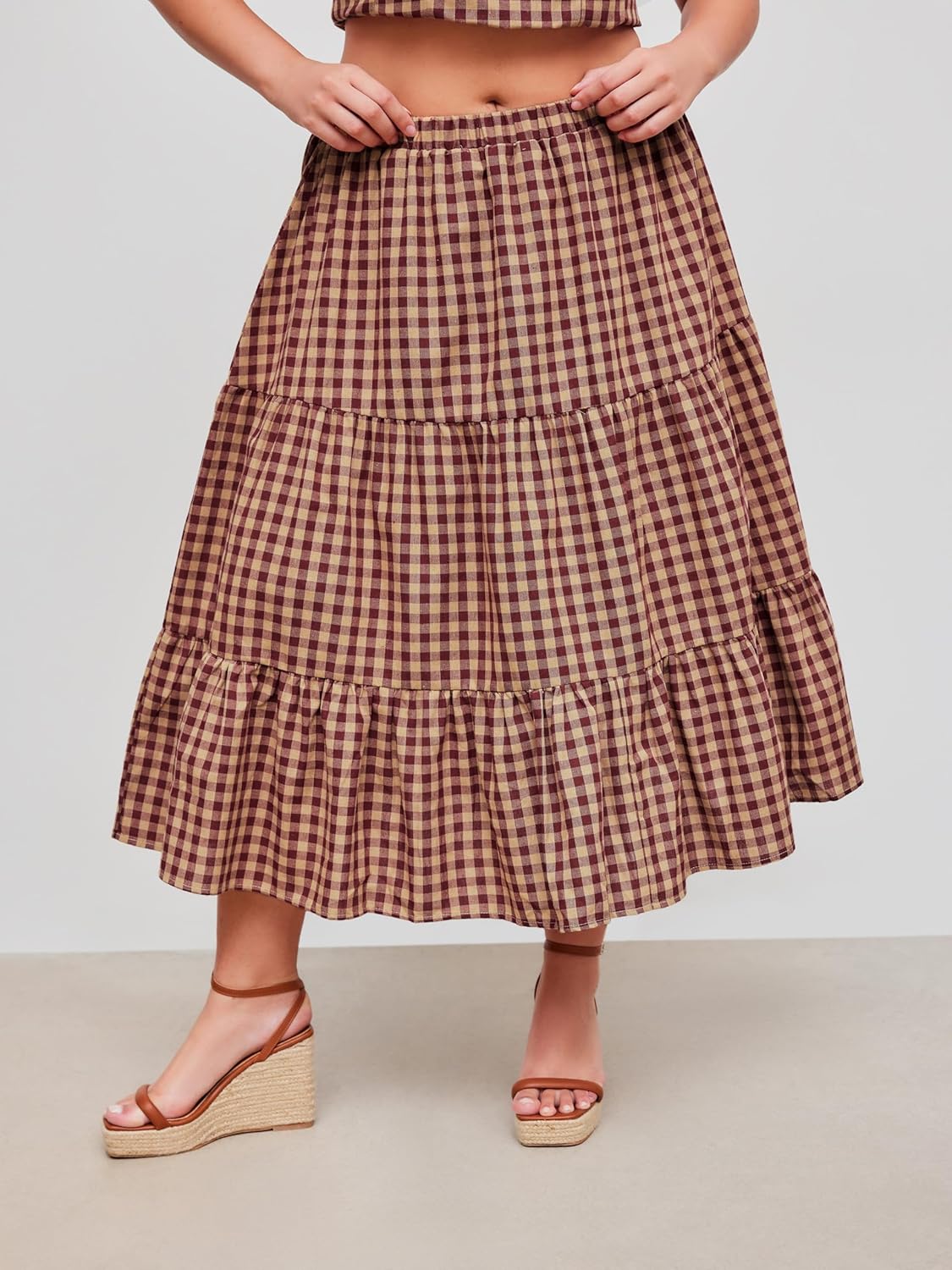 CIDER Plaid Skirt Long Skirt Women’s Mid Waist Check Layered Maxi A Line Cotton Blend Skirt Curve & Plus