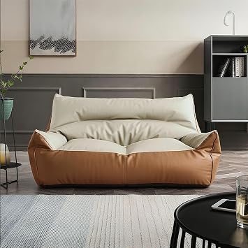 Faux Leather 2-Seater Bean Bag Cover No Filler Included Waterproof Sofa for Adults and Teens Washable Couch Chair Replacement Slipcover Lounge Living Room Seating2-seat-Beige Brown