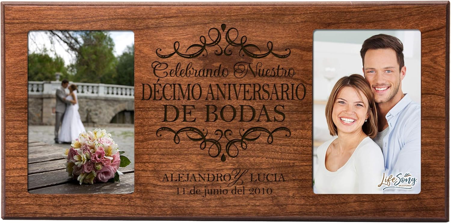 LifeSong Milestones Personalized 10th Anniversary Picture Frame Marriage Keepsake Gift with Spanish Verse - Ten Years Wedding Gift for Parents Husband Wife Him Her Holds 2-4x6 Photo (Cherry)