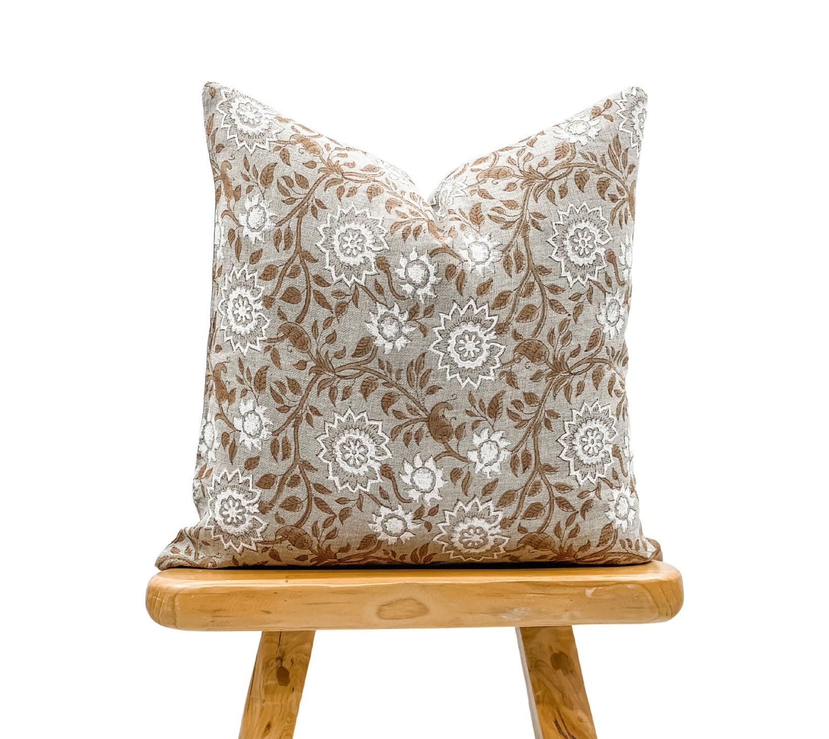 Krinto Designer Tan Beige Floral Design on Natural Linen Pillow Cover, Beige and White Pillow Cover, Boho Décor Pillow, Farmhouse Pillow, Floral