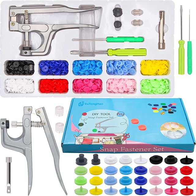 EuTengHao 808Pcs Plastic Snap Buttons No-Sew Snap Fasteners T5 Snaps with Snaps Pliers Kit for Clothing Sewing,Rain Coat,Bibs,Clothes Crafting(10 Colors,200Sets)