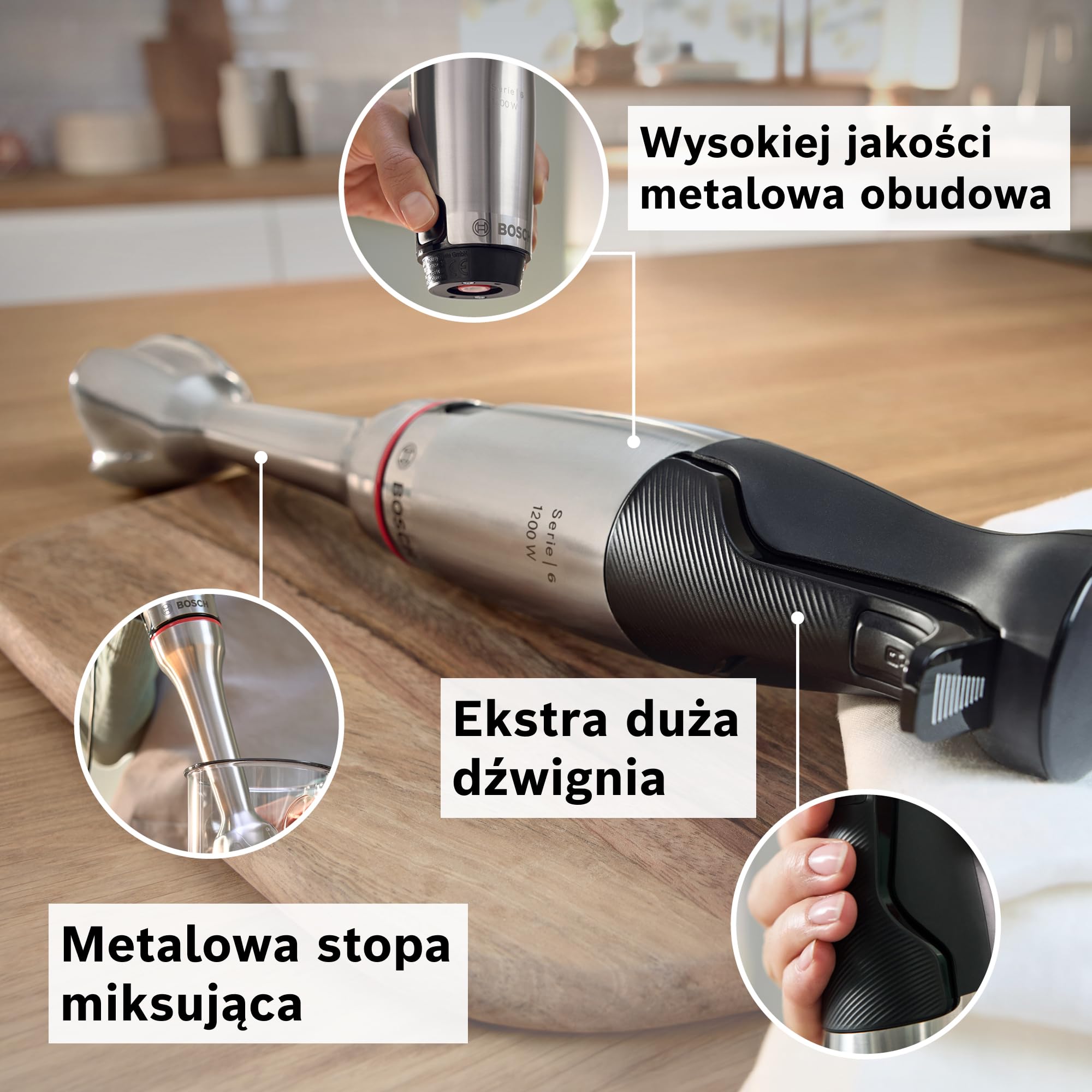 Bosch, blender ręczny, ErgoMaster Series 6, silnik 1200 W z chłodzeniem powietrznym, dynamiczna regulacja prędkości, system QuattroBlade Pro, akcesoria w zestawie, MSM6M820