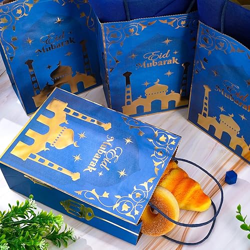 Miniatura 5 de Whaline 24 bolsas de regalo Eid Mubarak con 30 hojas de papel de seda Ramadán bolsas de regalo con asas, bolsas de dulces de oro negro para regalos