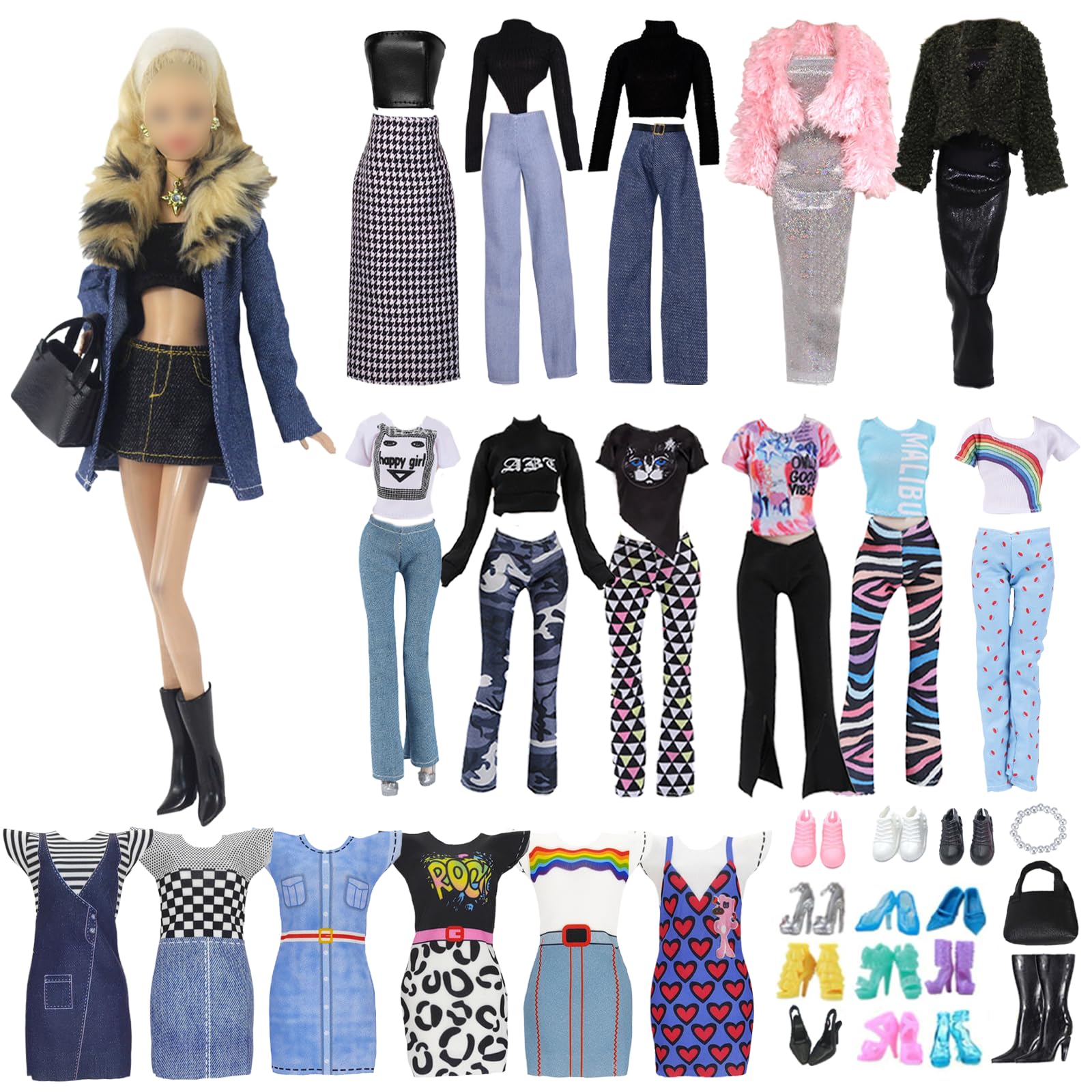18 Pieces Barbie Compatible Doll Clothes Set, Including Elegant Denim Fur Collar, Plush Coat Set, Sports Set