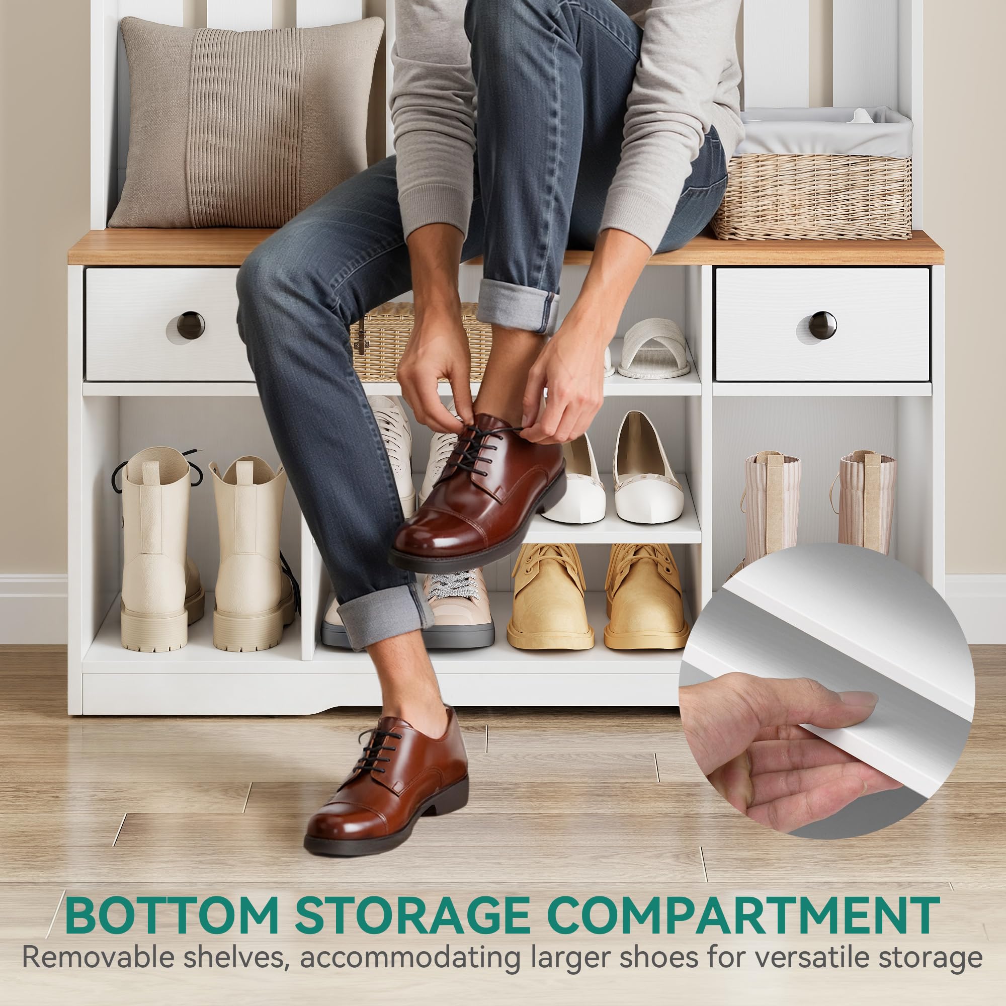YITAHOME Porte-Manteau avec Banc, Meuble d’Entrée, avec Étagères à Chaussures, Étagères Réglables, 9 Crochets, avec 2 Tiroir en Tissu Amovible, 100 x 35 x 180cm pour Entrée, Couloir, Blanc Grain Bois