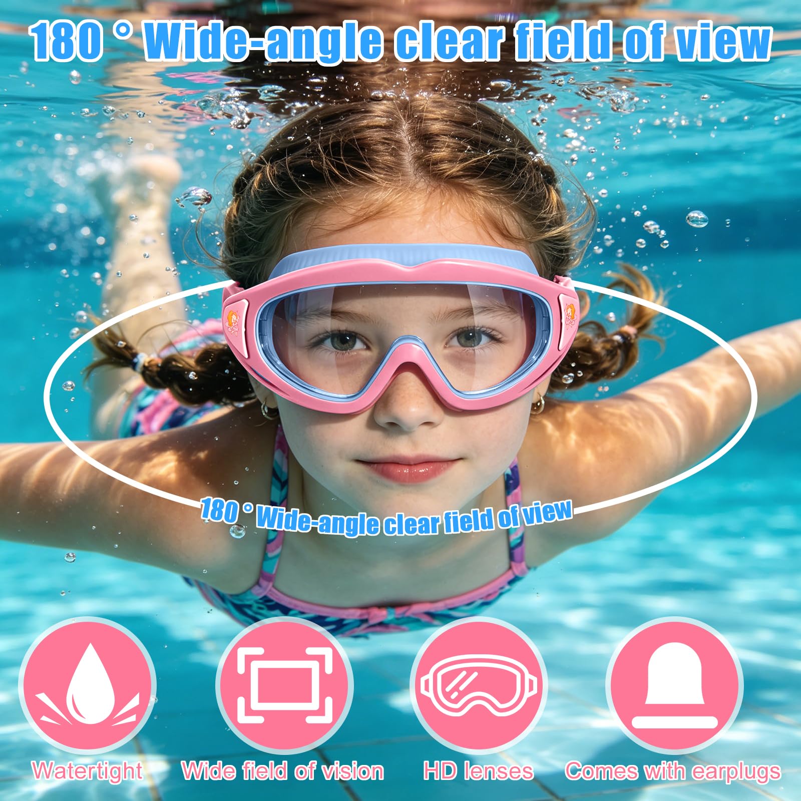 Gafas de Natación para Niños, Máscara de Buceo Infantil de 180° Panorámica, Protección UV, Antivaho, Diseño Antifugas, Ajuste Rápido, Gafas de Natación Unisex para Niños y Niñas de 3 a 15 Años