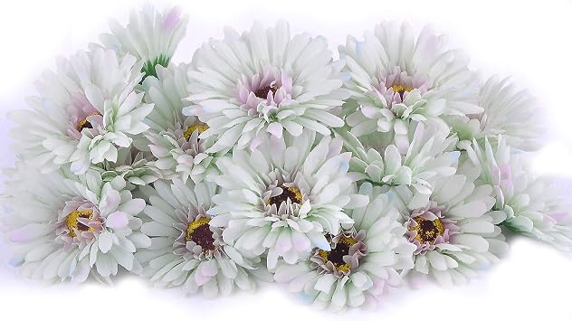 Artificial Daisy Heads 50pcs Mums Flower Head Chrysanth Gerbera for Hat Trim Cake Flower Home Decor Flower Wall Wreath Wedding DIYLight Purple and Green