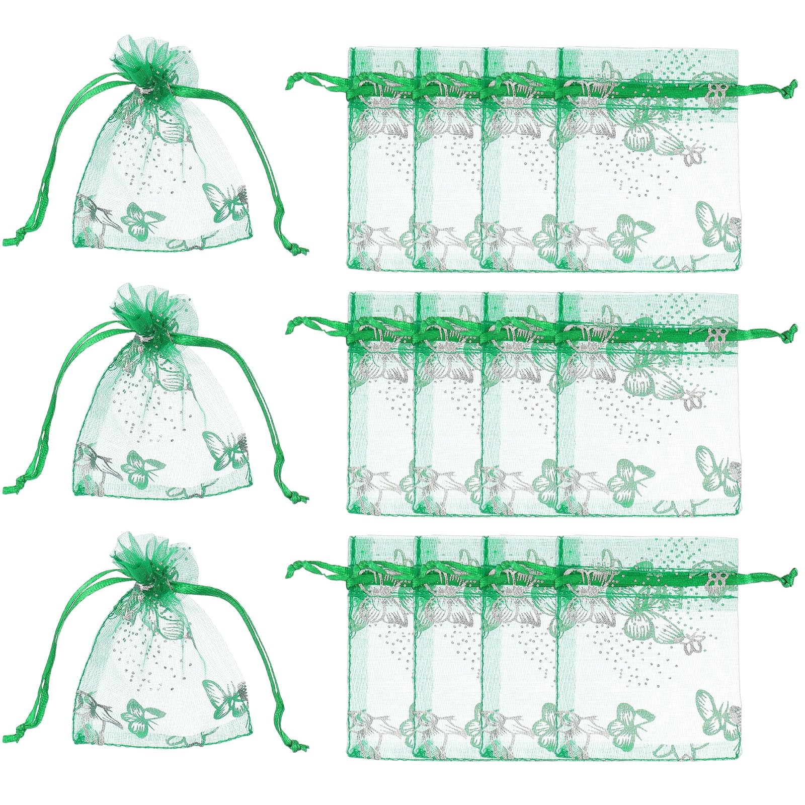 Pochettes en organza de qualité supérieure vert gazon et ornements argentés pour joaillerie