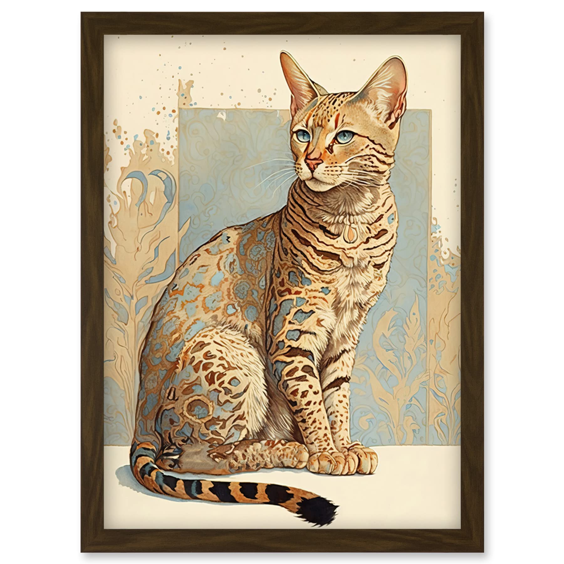 Artery8 Ocicat Cat with Turquoise Rosette Pattern Fur Modern Watercolour Illustration Artwork Framed Wall Art Print A4