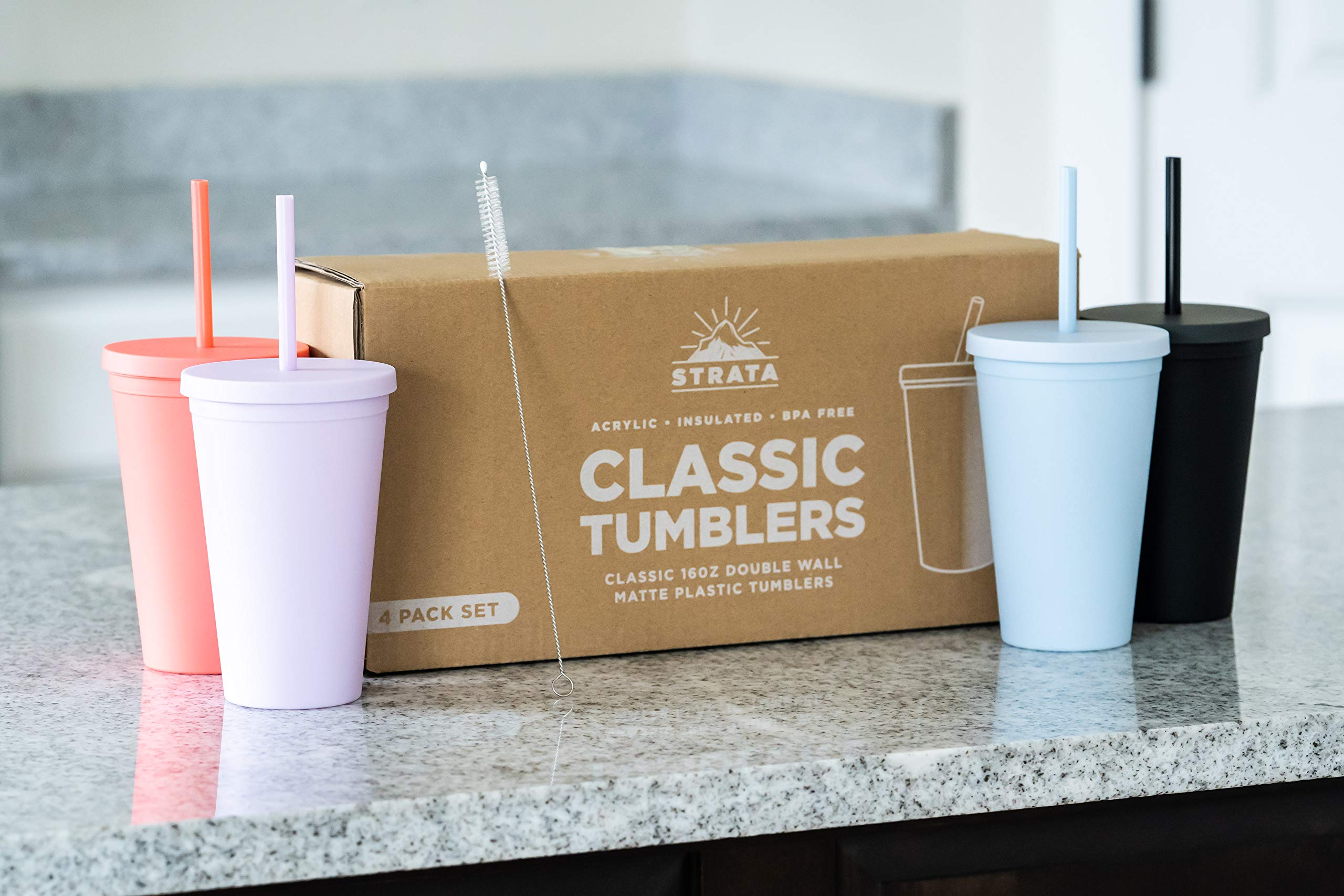 Tumblers with Lids (4 pack) 16oz Colored Acrylic Cups with Lids and