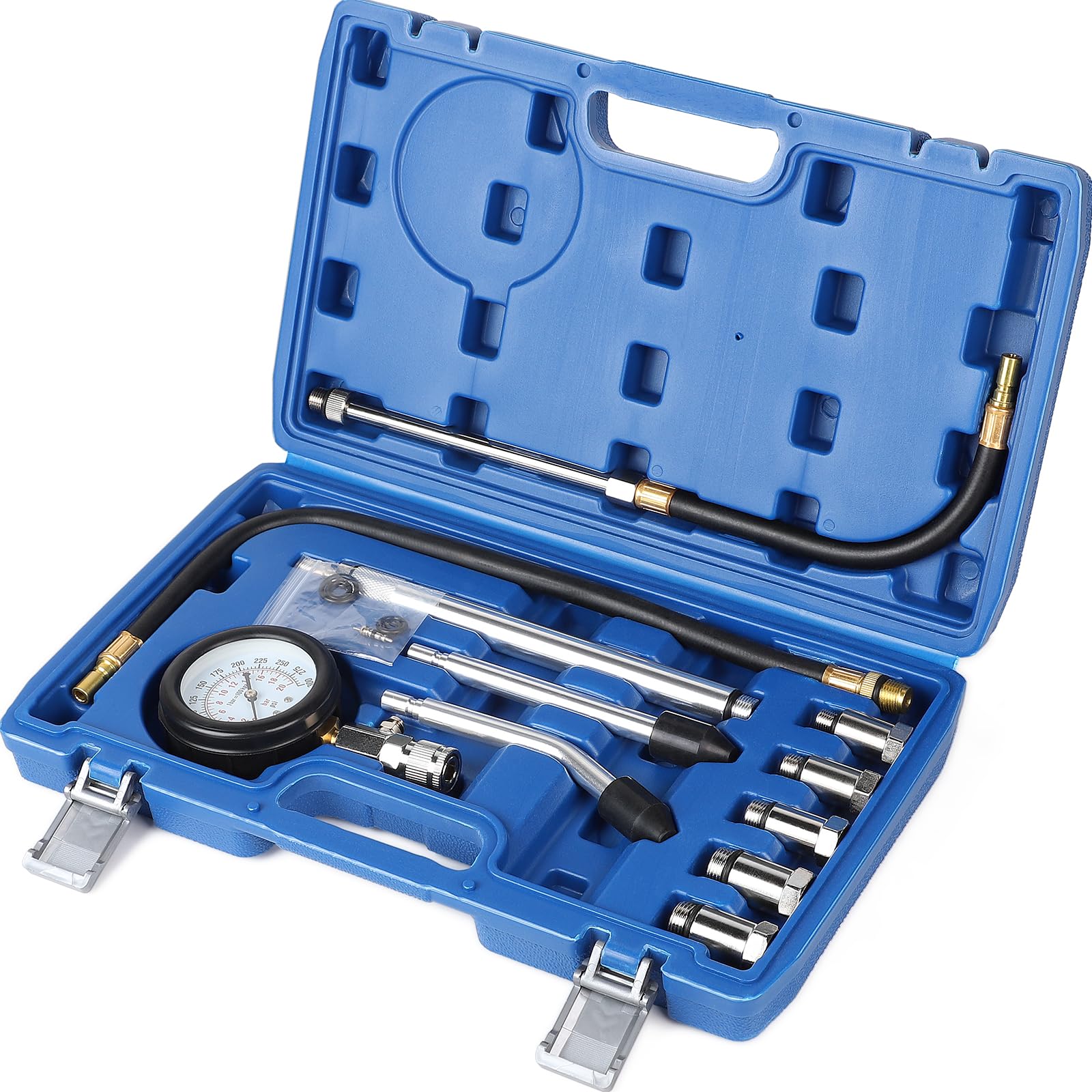 SWAWIS 11 Pezzi Tester di Compressione per Motori a Benzina 0-300 PSI / 0-20 BAR Misuratore di Pressione Cilindri Auto, Strumento Cilindro Compressione Tester Kit